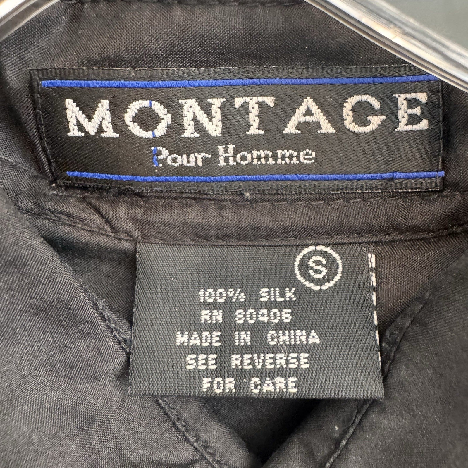 Montage Pour Homme Vintage 100% Silk Shirt Mens Small Black S/S Button Down