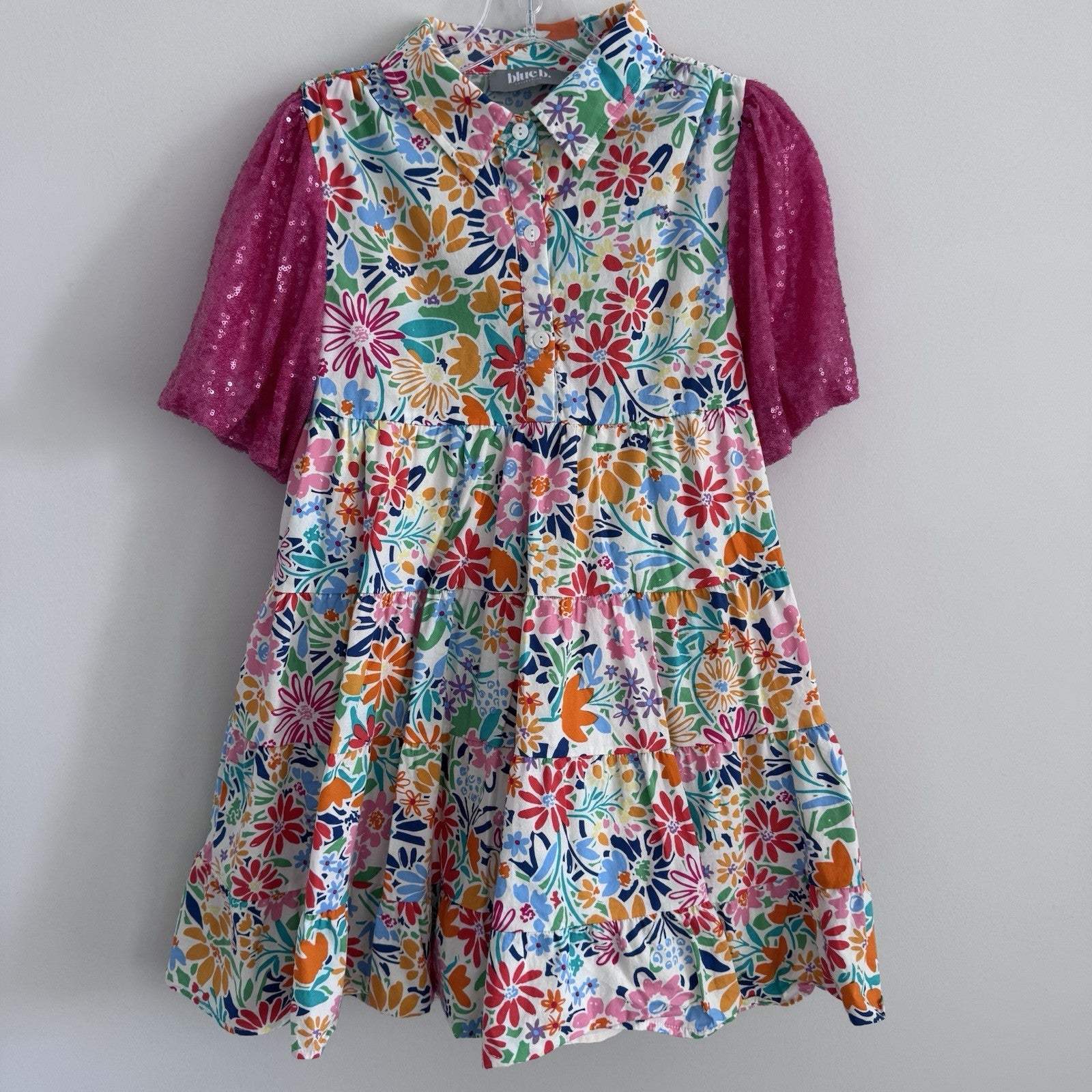 Blue B Collection Small Floral Tiered Dress Pink Sequin Sleeves 