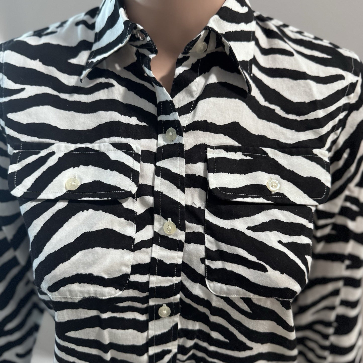 Lauren Ralph Lauren Petite Zebra Print Button Down Shirt Black White P/P