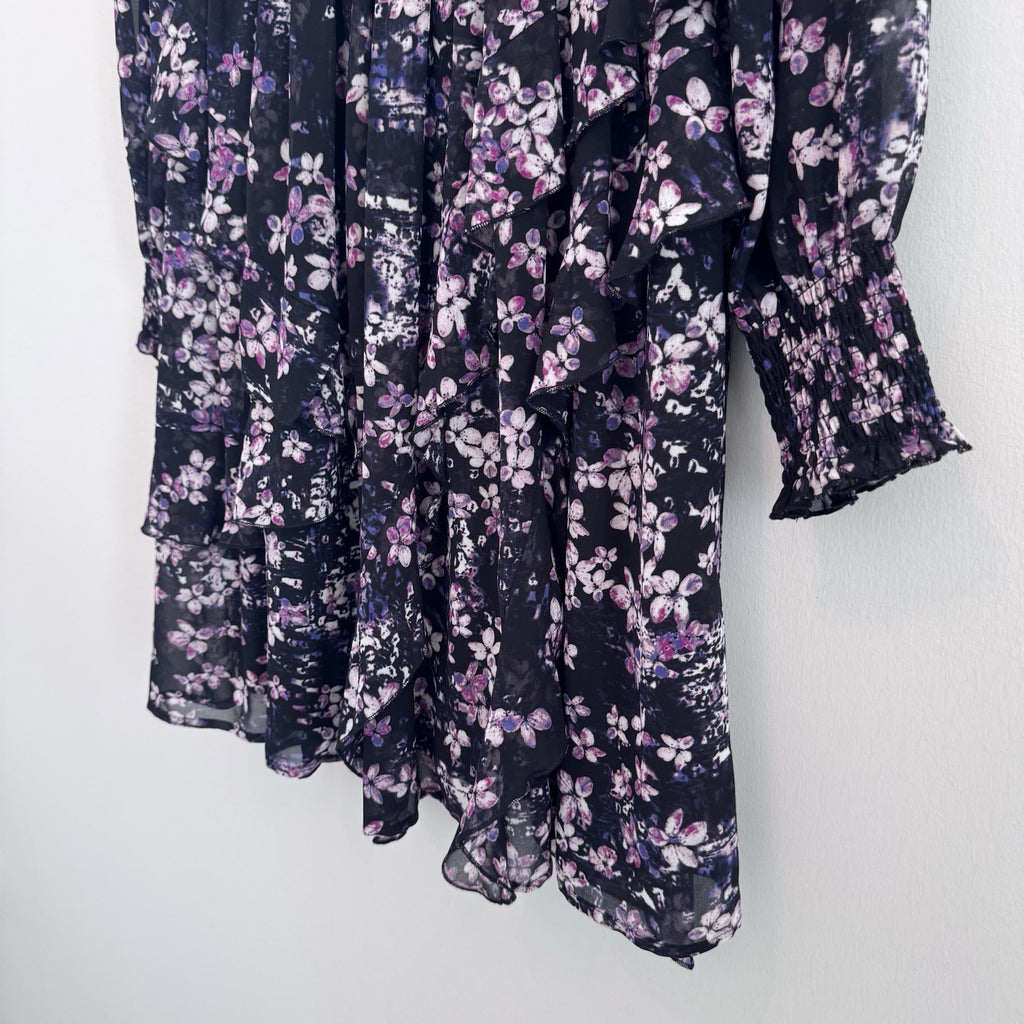 EST. 1946 Women’s Floral Smocked Ruffle Dress Black Purple Size S Lined CATOS