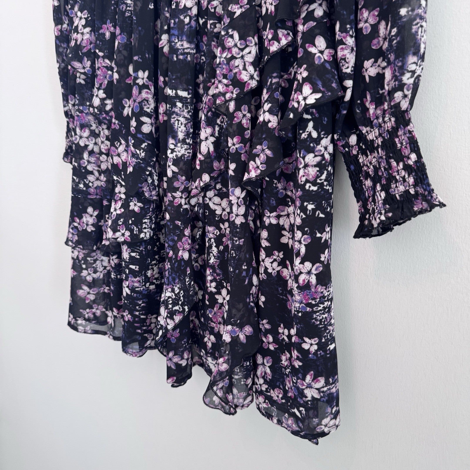 EST. 1946 Women’s Floral Smocked Ruffle Dress Black Purple Size S Lined CATOS
