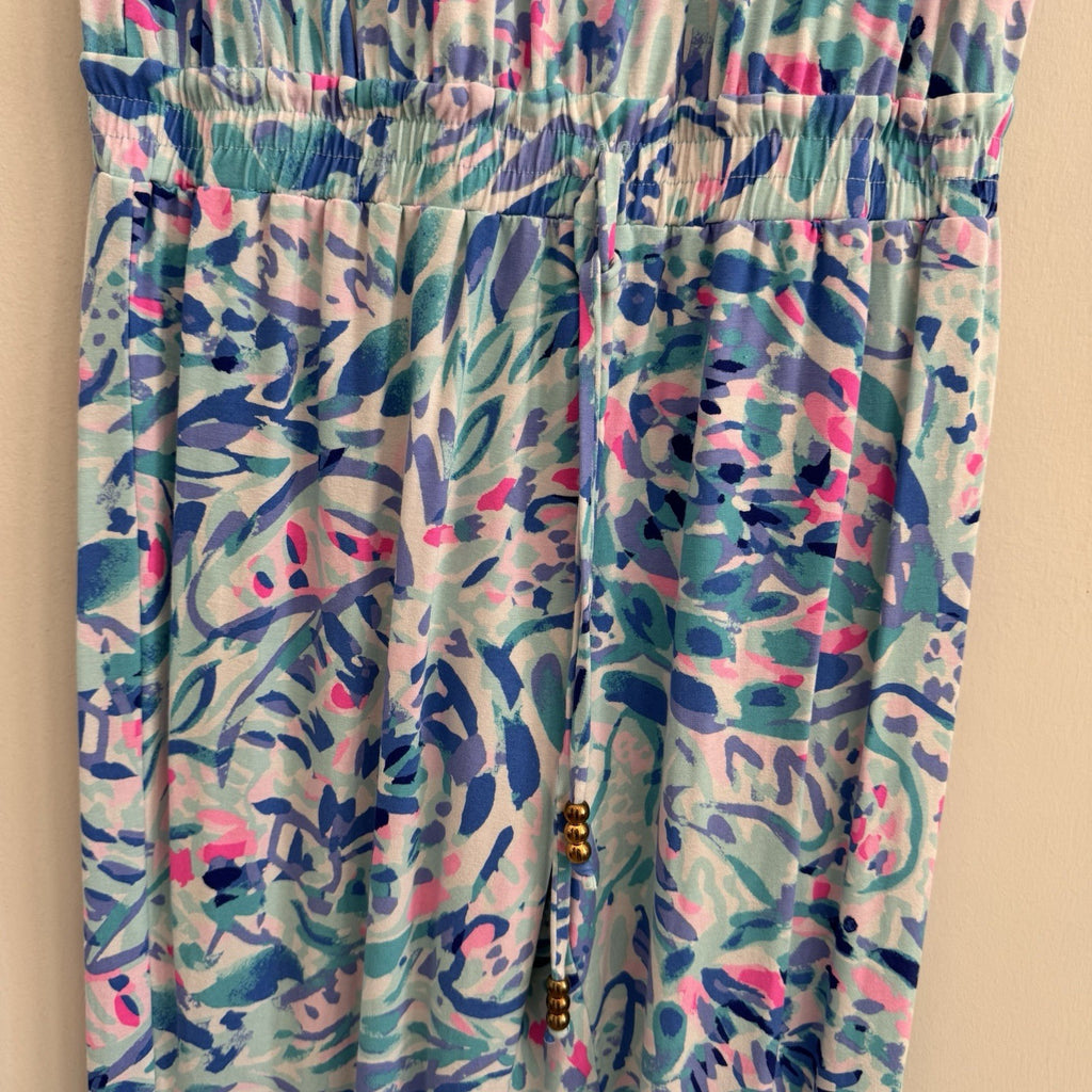 Lilly Pulitzer Donna Jumpsuit Small S Blue Pink Paisley Knit Sleeveless V-Neck