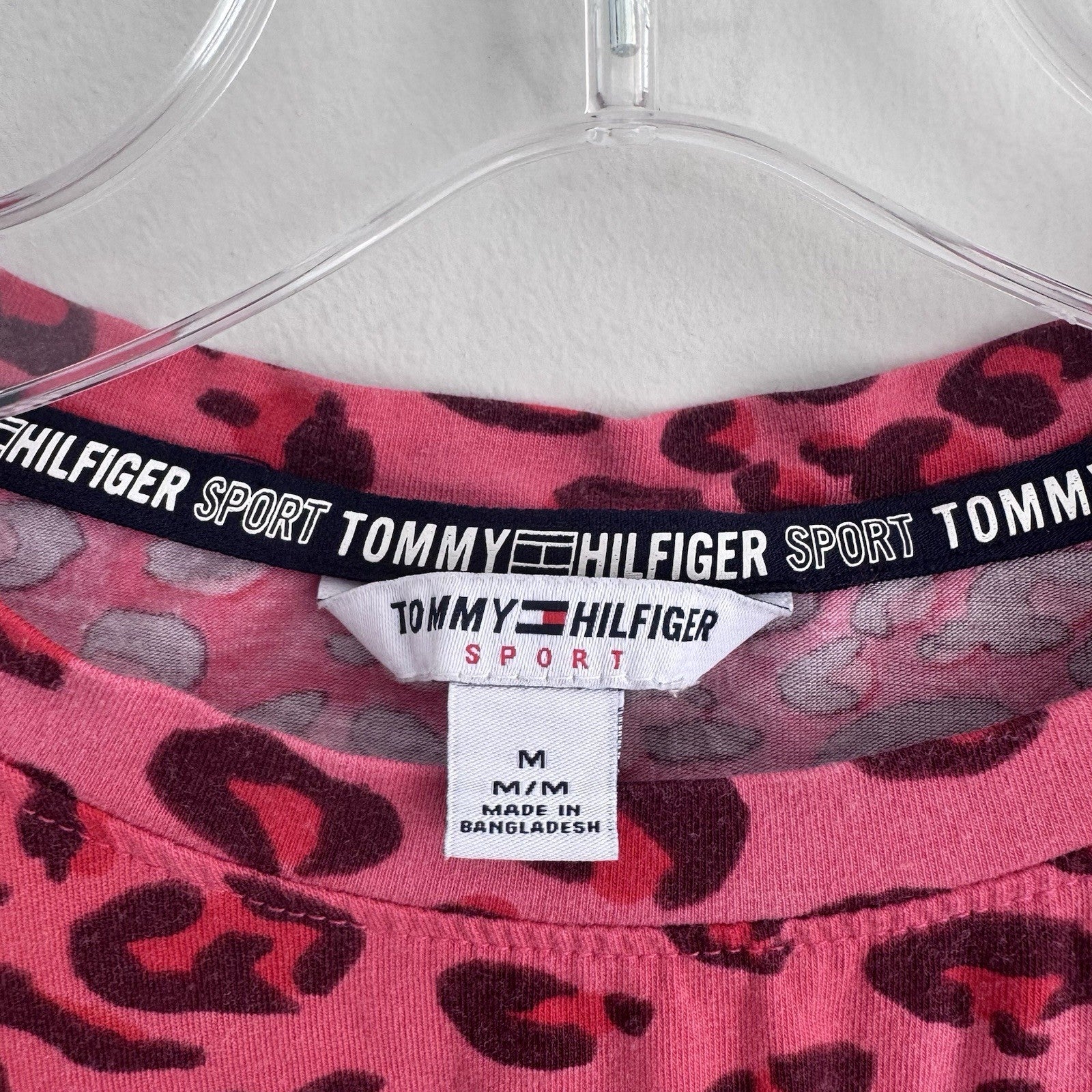 Tommy Hilfiger Sport Pink Leopard Print Crop Top Womens M Logo Hem Y2K
