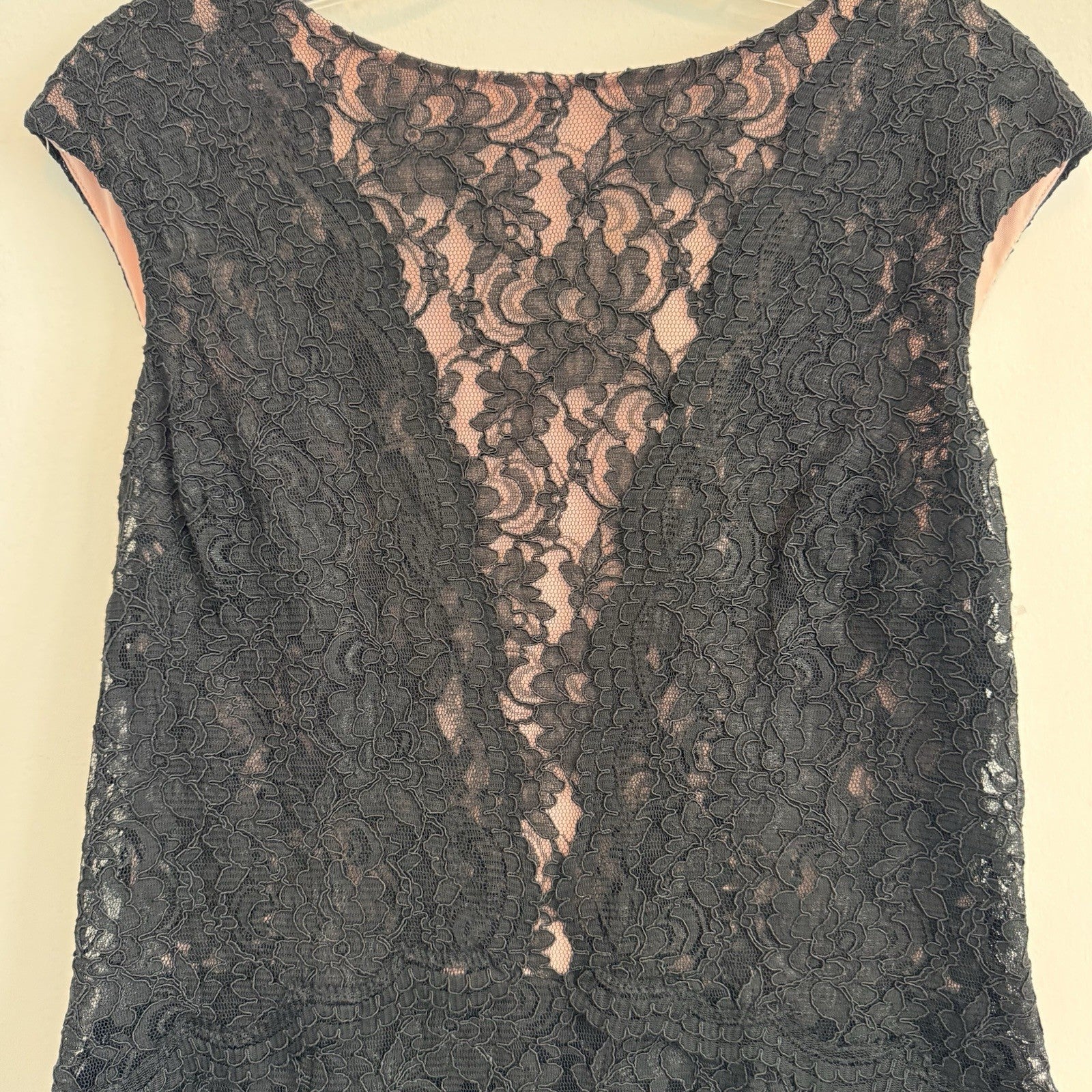 Lauren Ralph Lauren Black Lace Pink Lined Sheath Dress Size 12 Cap Sleeve Womens