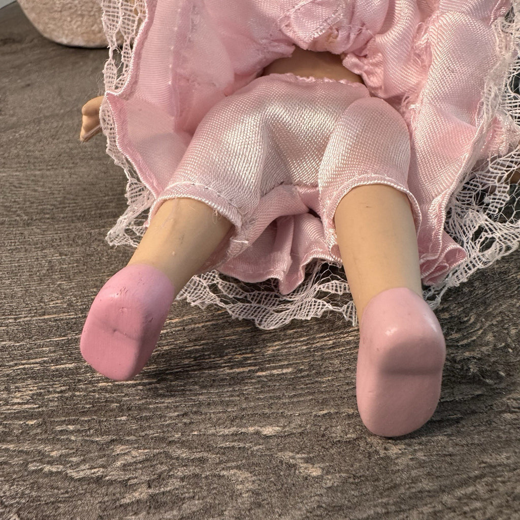 Vintage Bisque Porcelain Doll 7" Blonde Curls Pink Satin Lace Dress & Faux Pearl
