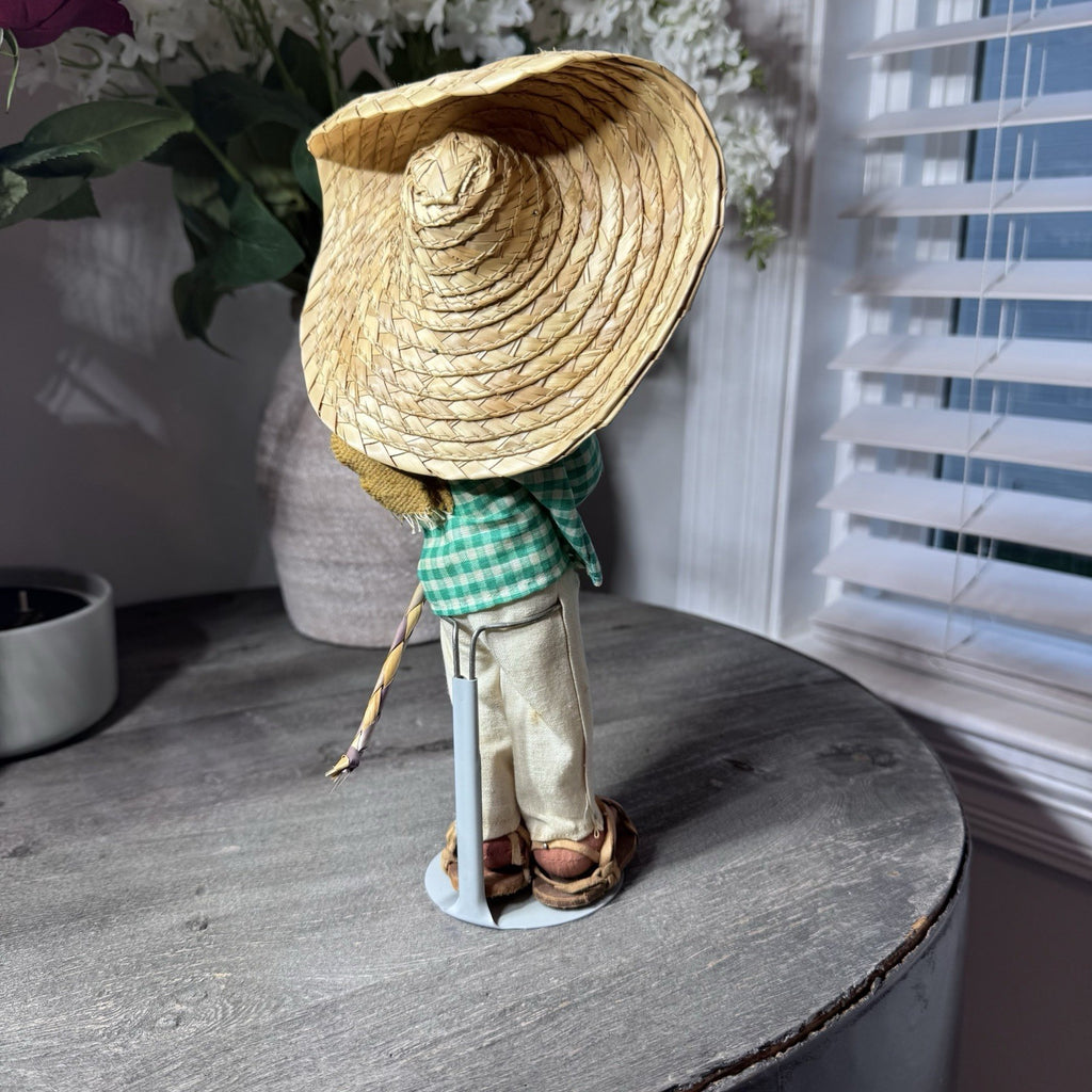 VTG Mexican Folk Art Cloth Dolls Pair Hand Painted Man Woman Handmade Straw Hat