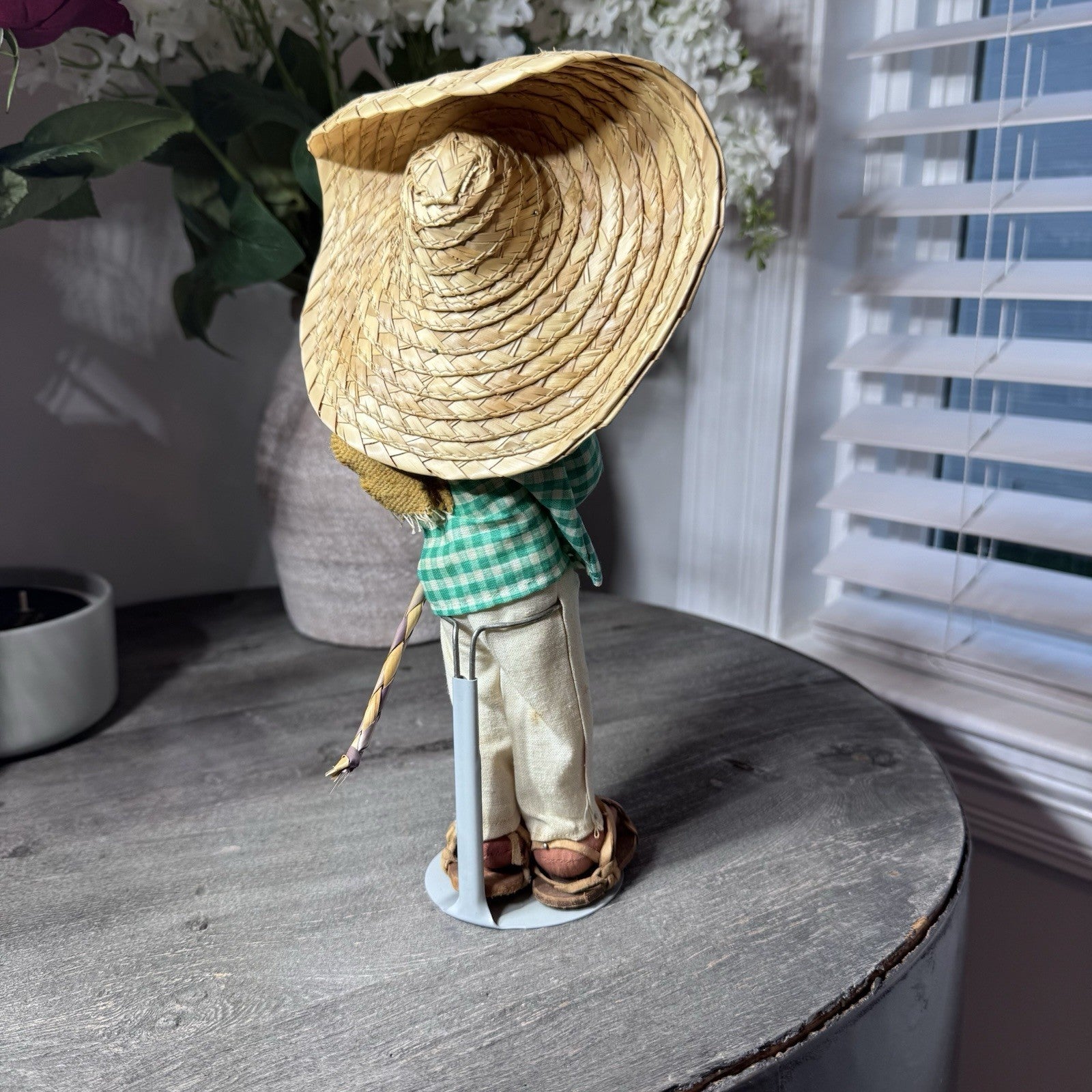 VTG Mexican Folk Art Cloth Dolls Pair Hand Painted Man Woman Handmade Straw Hat
