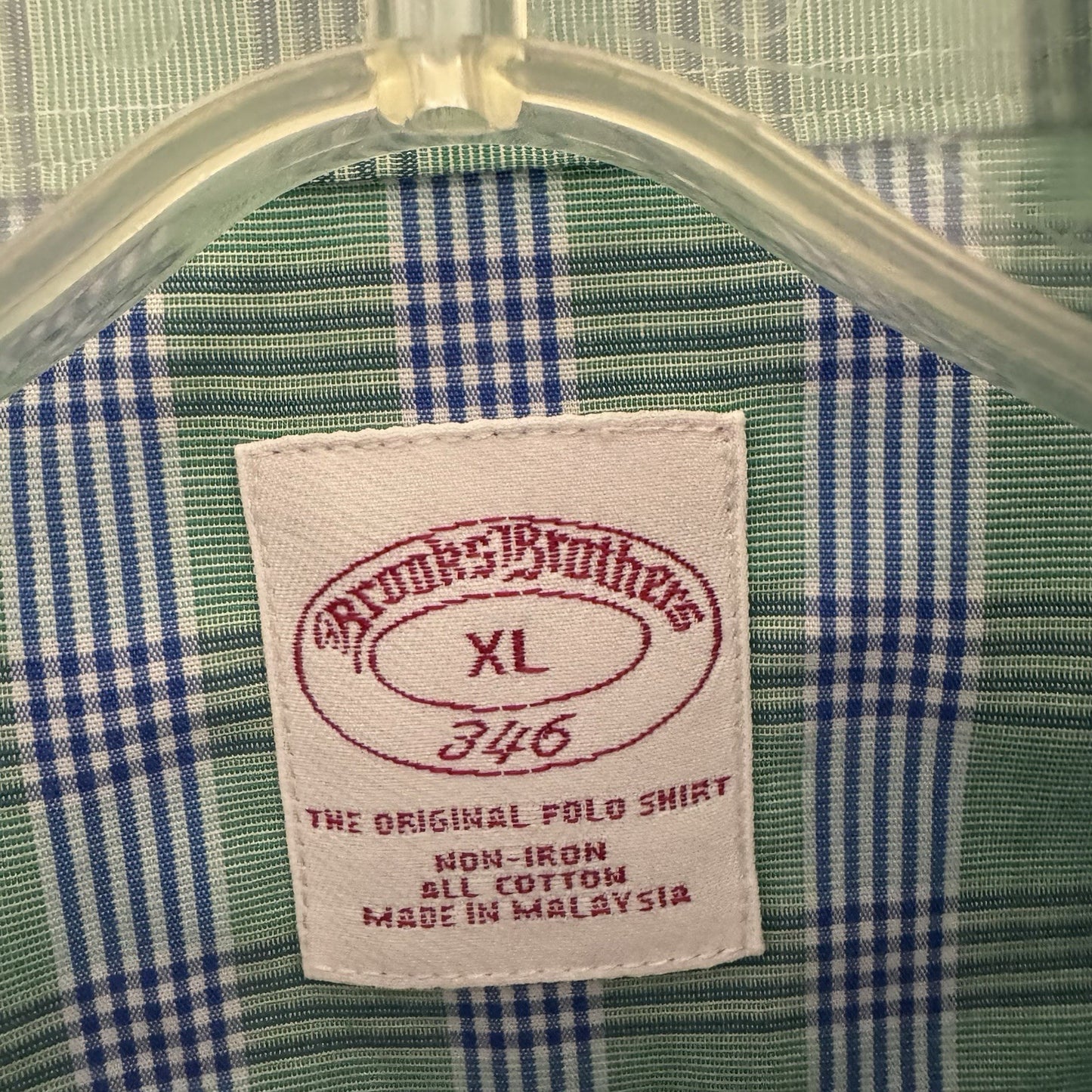 Brooks Brothers 346 XL Button-Down Shirt Green Blue Plaid Non-Iron Cotton