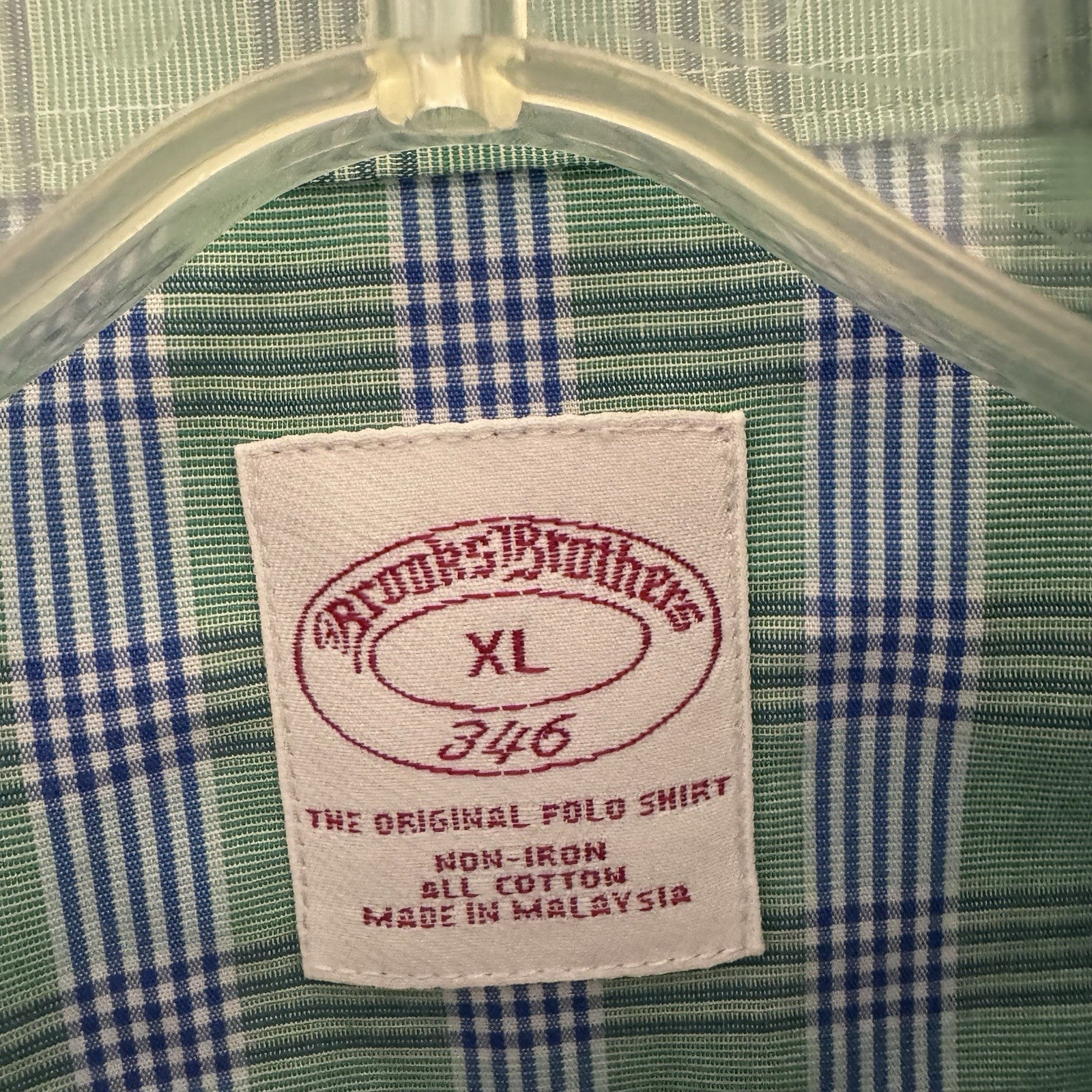 Brooks Brothers 346 XL Button-Down Shirt Green Blue Plaid Non-Iron Cotton