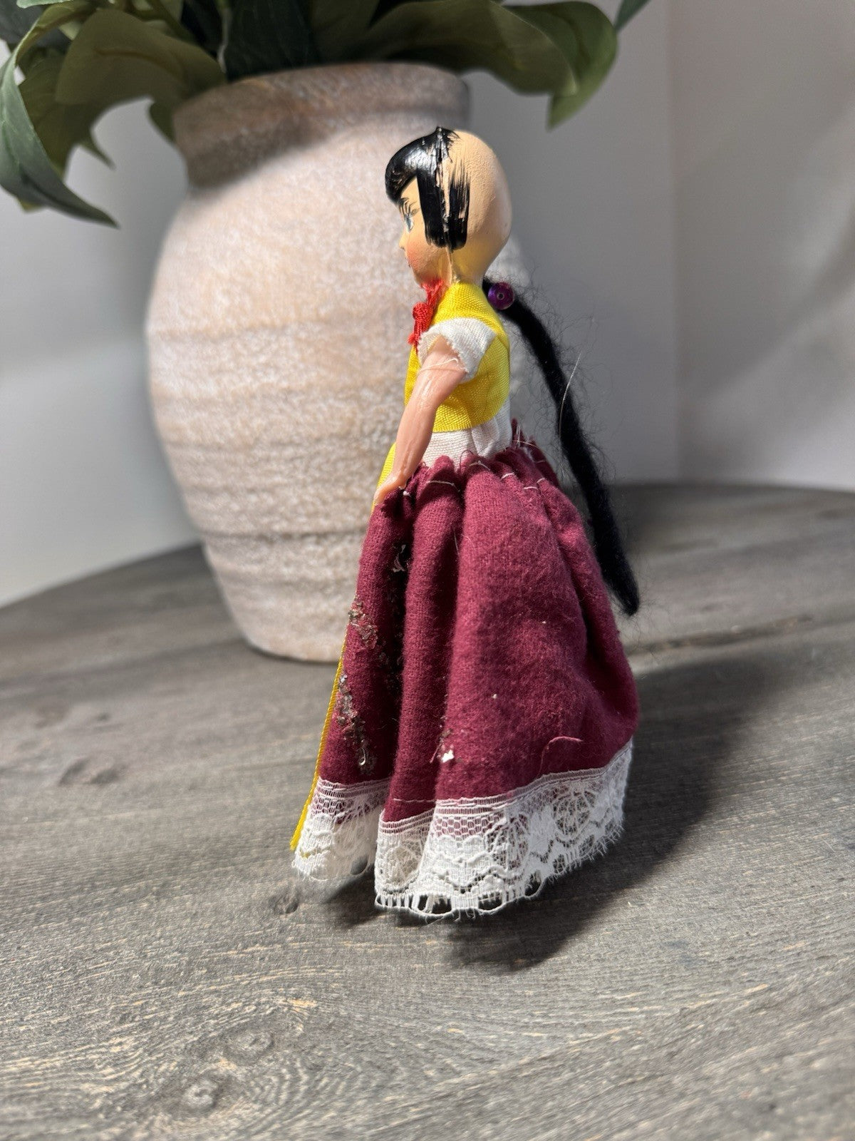 Vintage European Folk Art Doll Hand Painted 6" Souvenir Composition Wooden Base