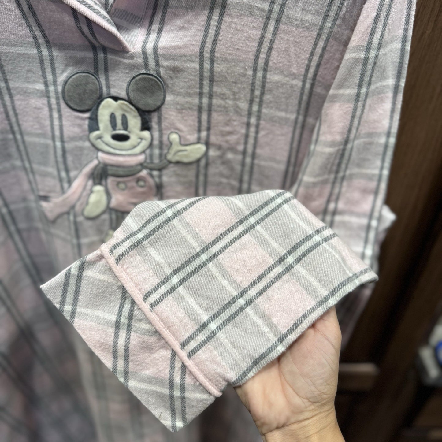 Vintage Disney Store Mickey Mouse Pink Gray Plaid Flannel Nightshirt XL 