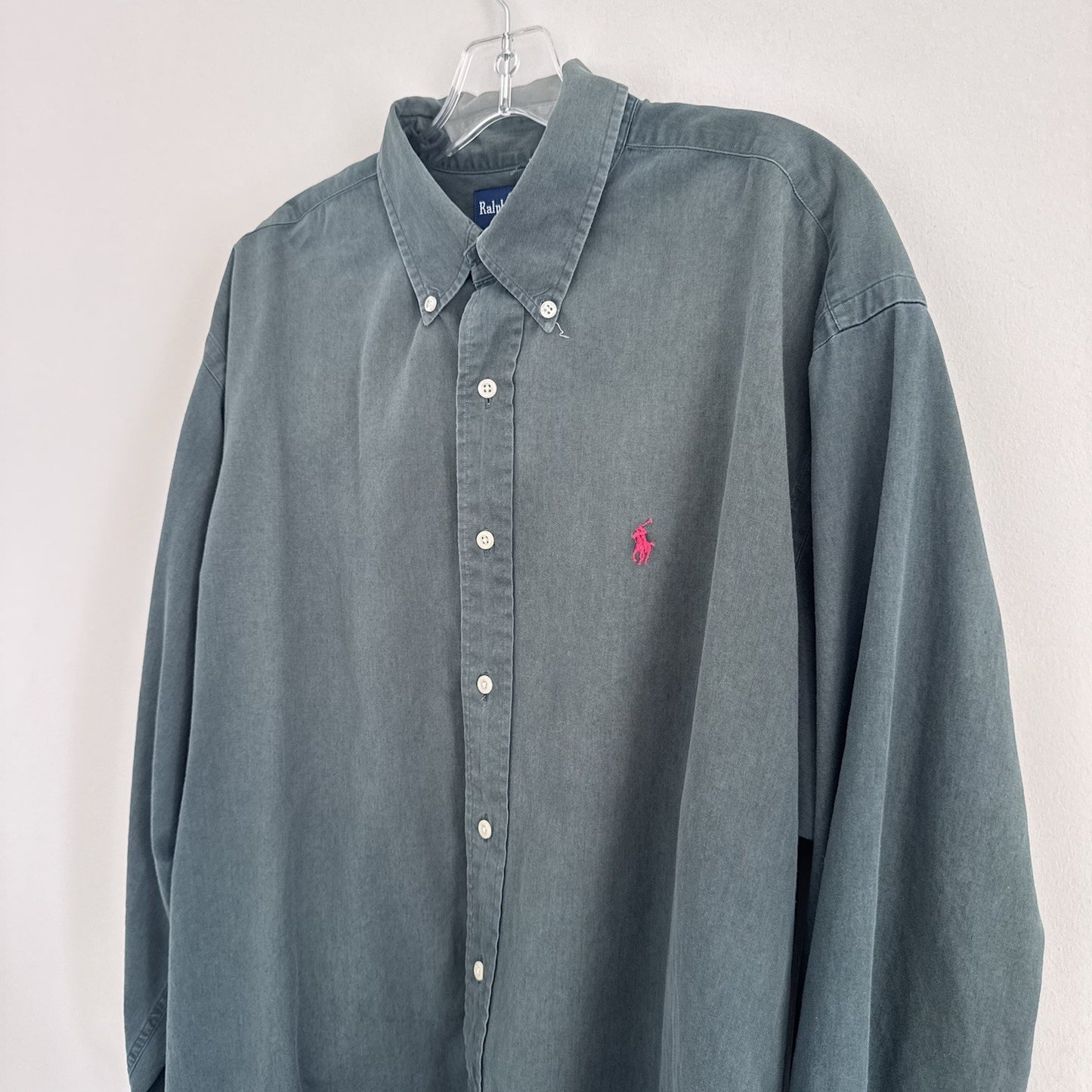 Ralph Lauren XL Green Button Down Shirt Pink Pony 100% Cotton
