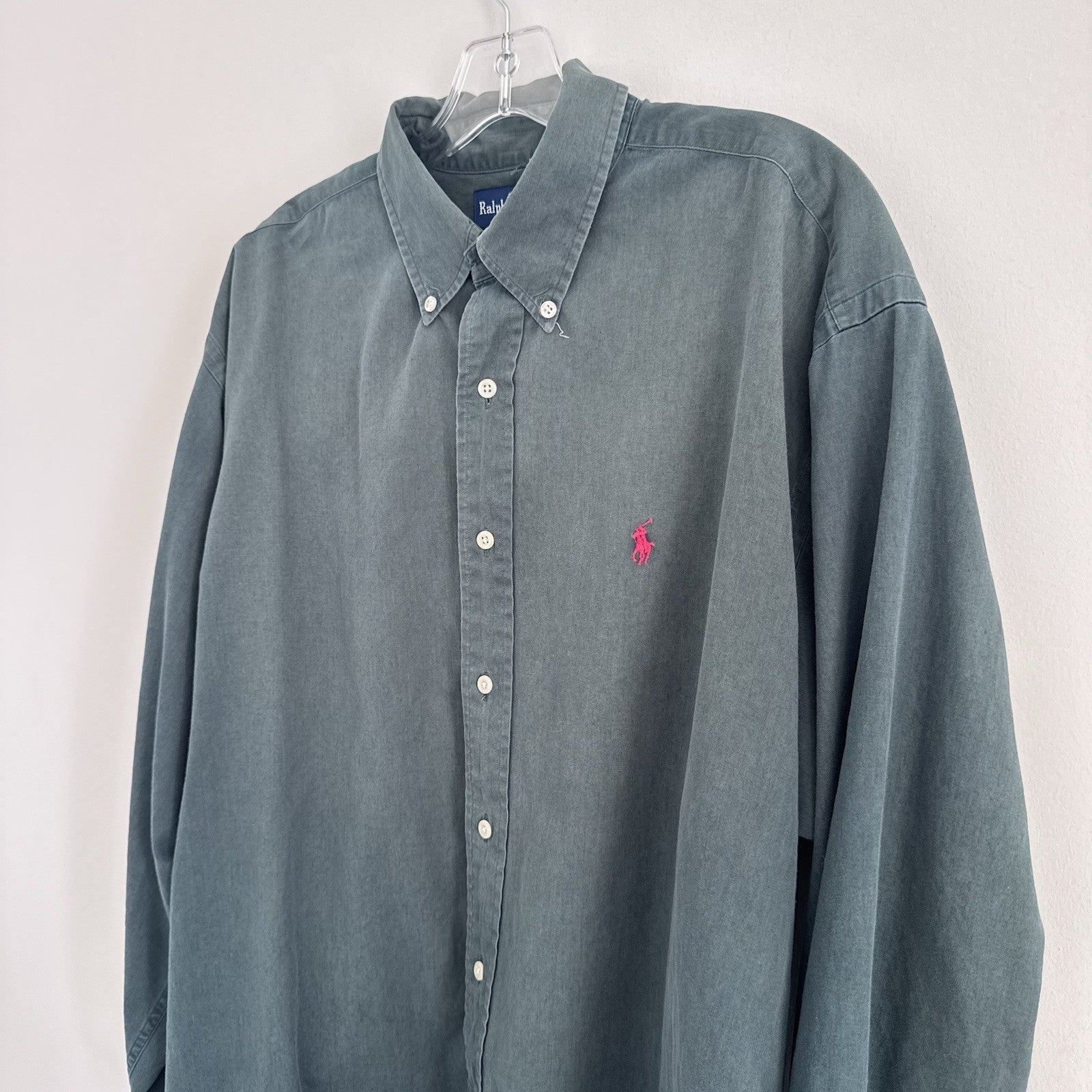 Ralph Lauren XL Green Button Down Shirt Pink Pony 100% Cotton