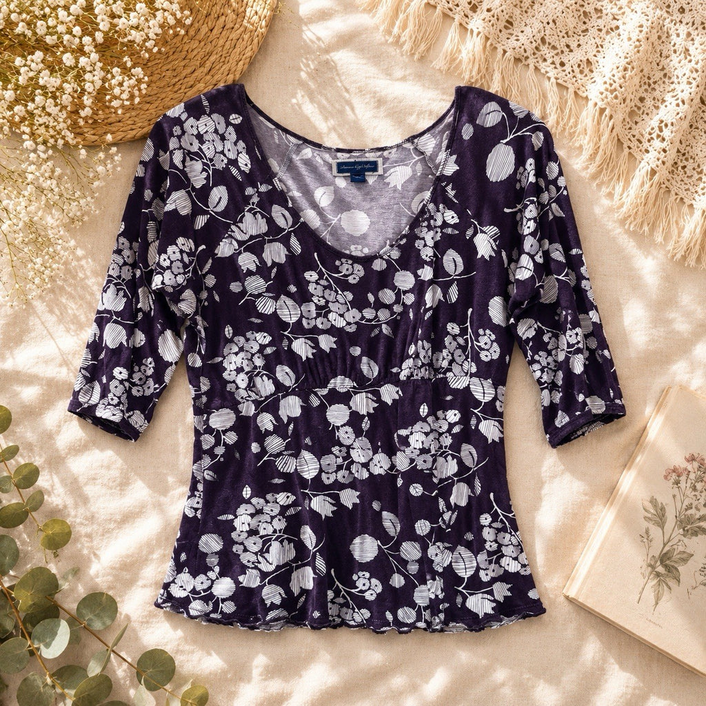American Eagle Outfitters Floral Empire Waist Top M-M Purple/brown Boho Women