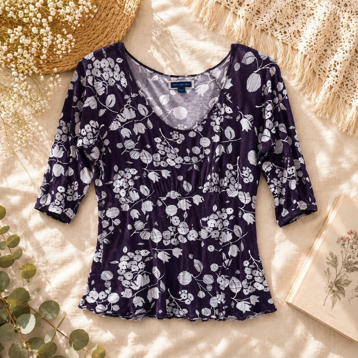 American Eagle Outfitters Floral Empire Waist Top M-M Purple/brown Boho Women