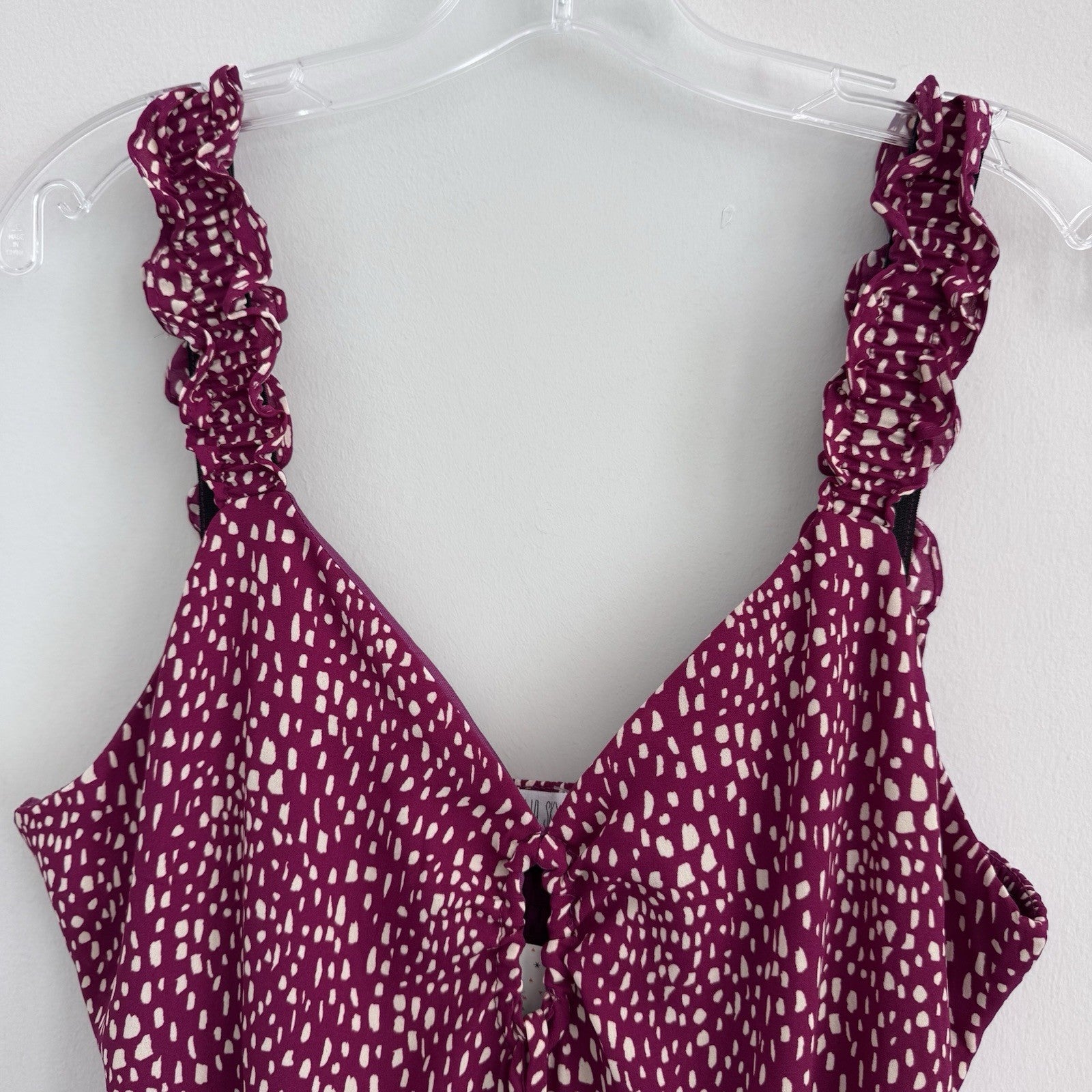 Sienna Sky Dress L Magenta White Print Ruffle Strap Midi Lined NWT