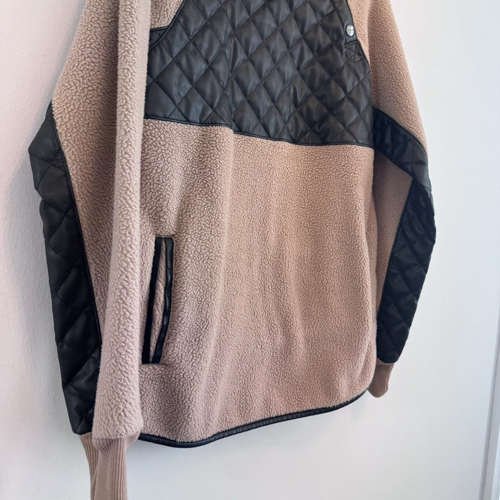 A&F Sherpa Pullover Women Small Brown Black Quilted Snap Fleece Abercrombie