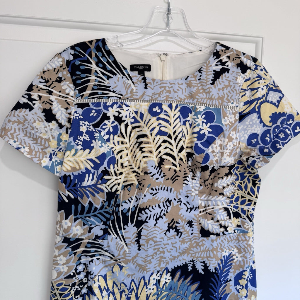 Talbots Petites Floral Sheath Dress Women’s 6P Blue Beige Short Sleeve