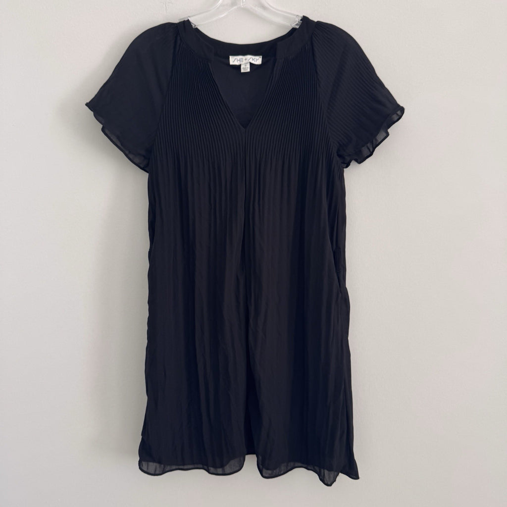 She + Sky Black Pleated Flutter Sleeve Mini Dress Women's Size S V-Neck Lined