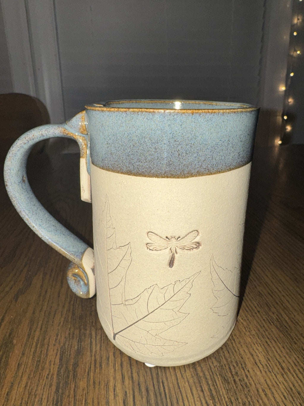 Handmade Lola Mug Matte Beige and Glaze Blue Rim Vintage Rare