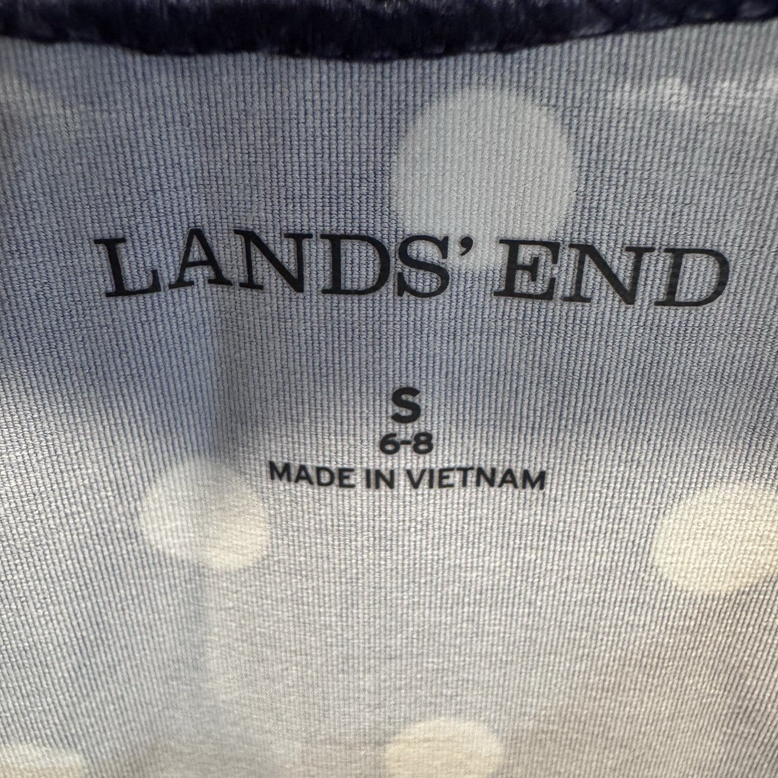 Lands End Dress Womens Small Blue Polka Dot 3/4 Sleeve Stretch Knee Length-1478*