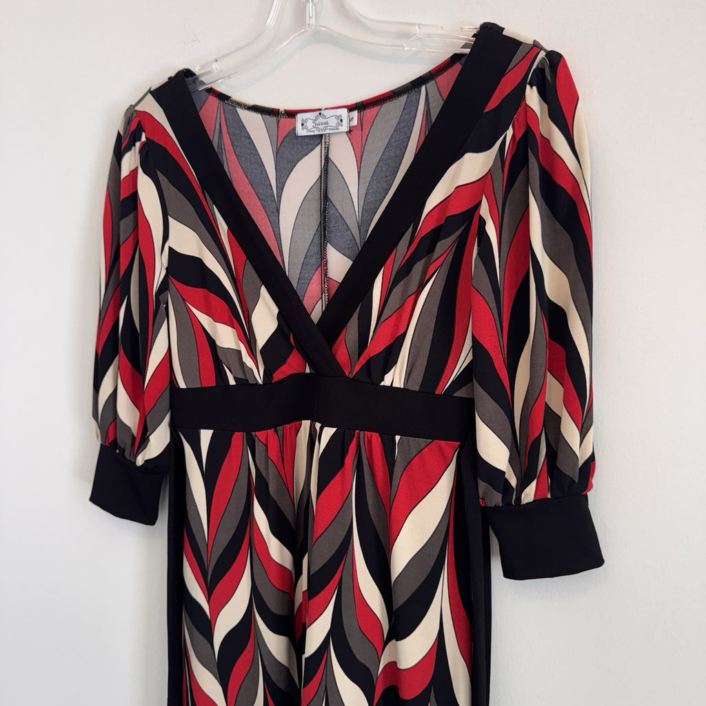 Trixxi Womens S Retro Abstract Geometric Print V-Neck Tie Back Dress Made in USA