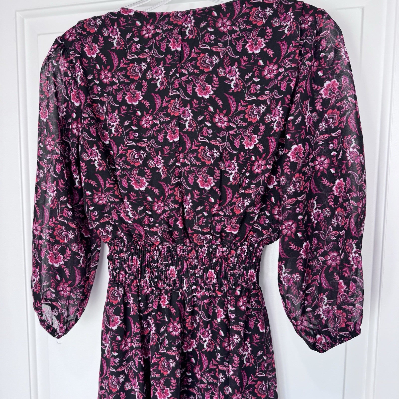 Kate and Lily Floral Midi Dress – Women’s Size 4 – Black & Pink – Long Sleeve