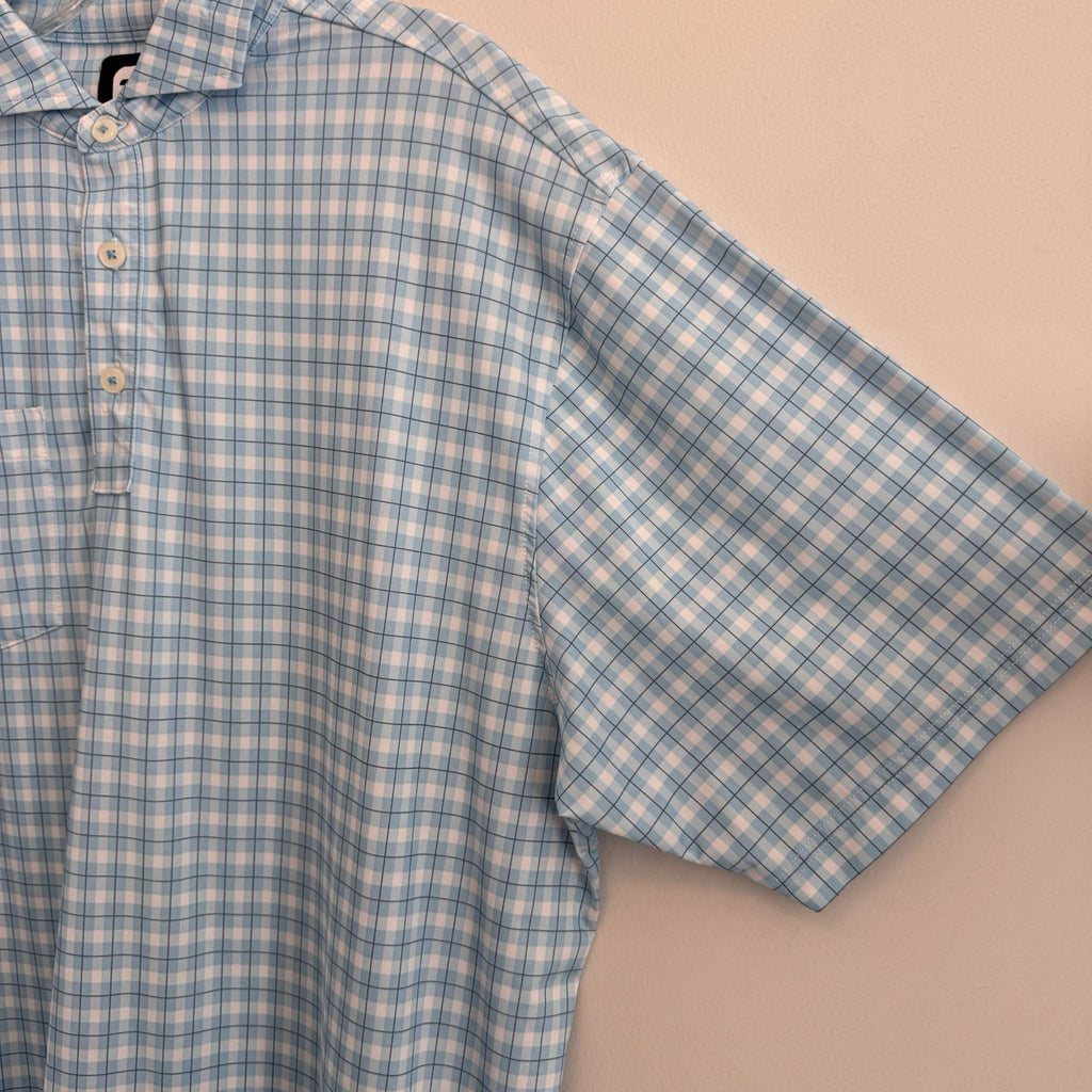 FJ Golf Polo Shirt Mens Large Blue White Gingham Plaid Performance Pocket