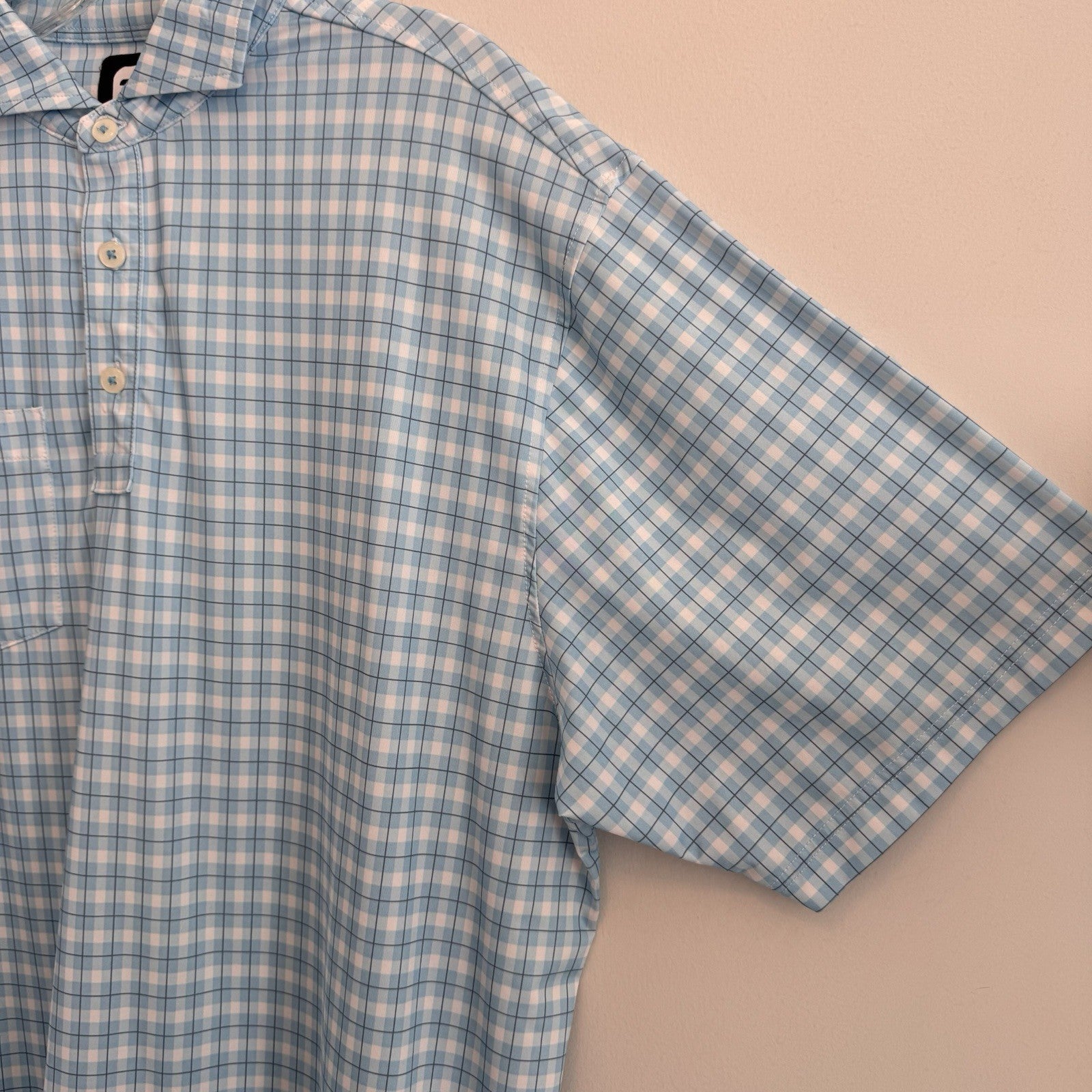 FJ Golf Polo Shirt Mens Large Blue White Gingham Plaid Performance Pocket