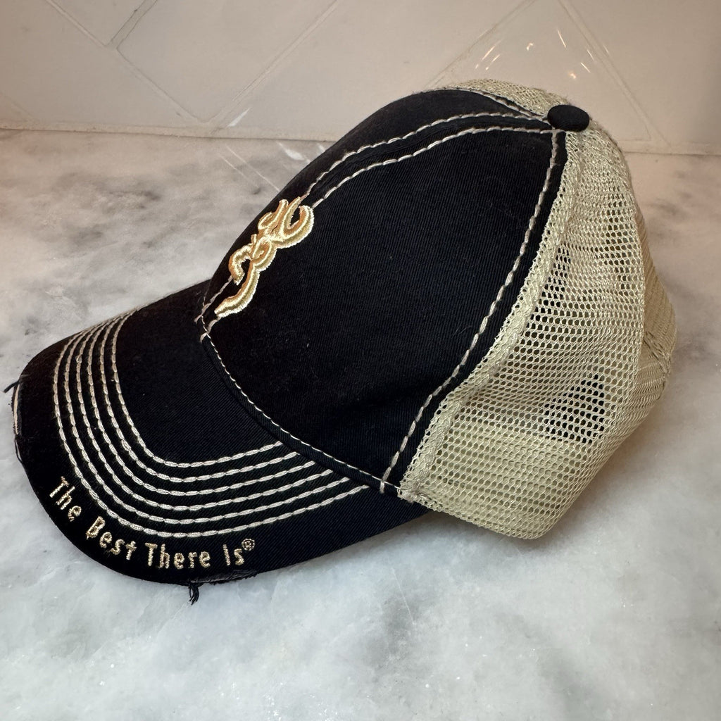 Browning Buckmark Mesh Trucker Hat Cap Black Tan Distressed Hunting OSFM