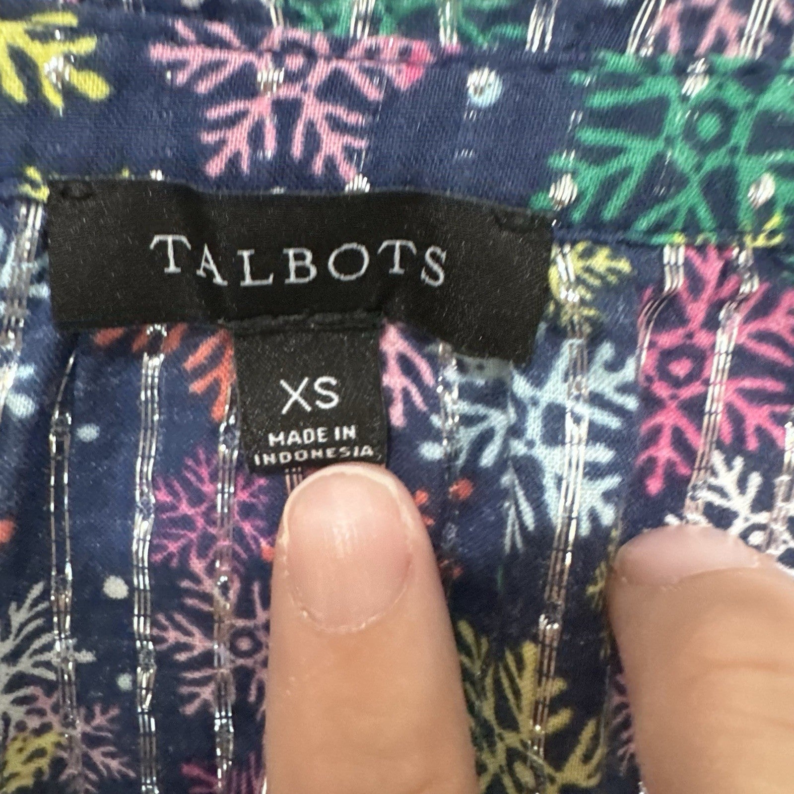 Talbots Snowflake Print Blouse XS Metallic Long Sleeve Navy Holiday Top Women