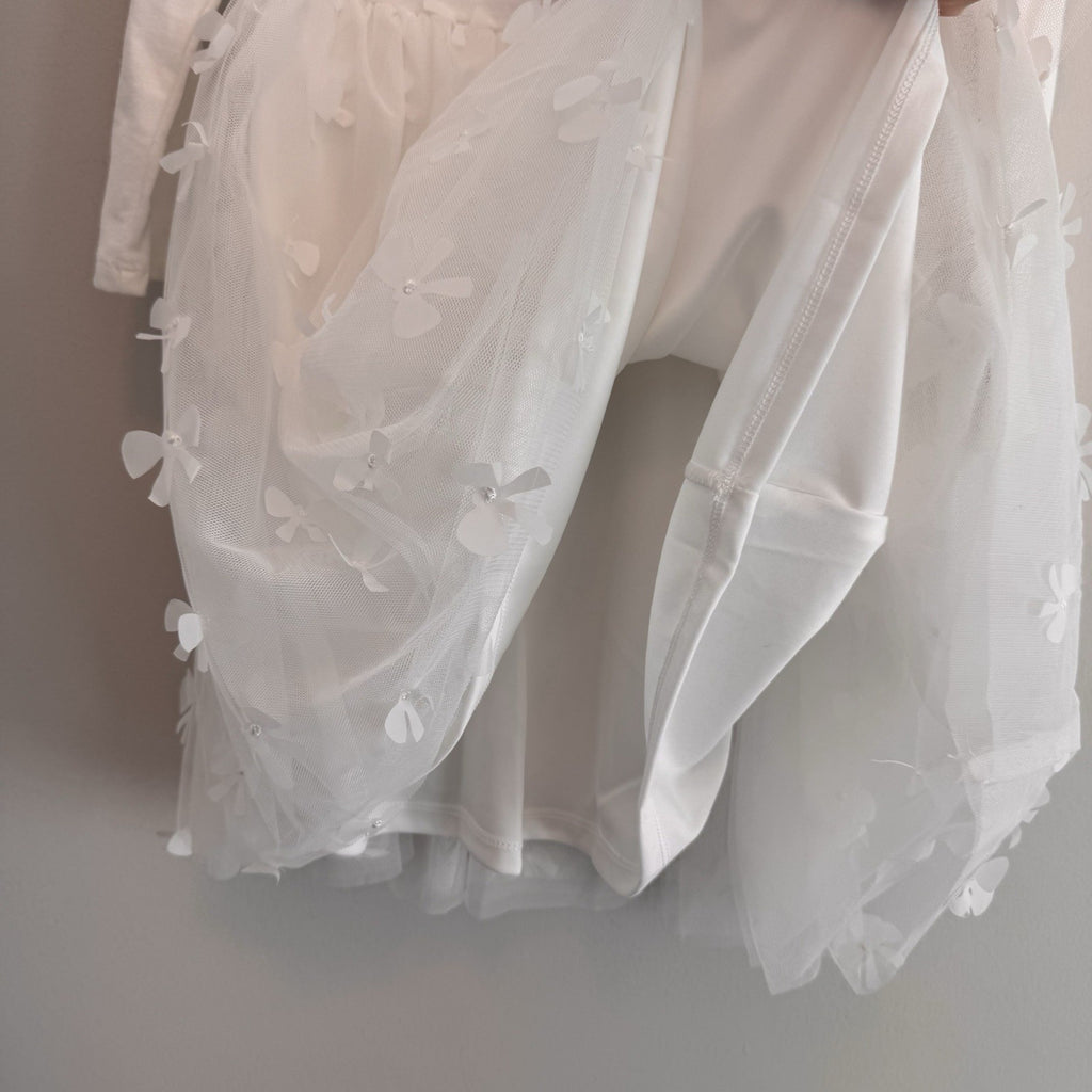 Btween Girls White Tulle Dress Size 8 Bow Detail Long Sleeve NWT With Bow