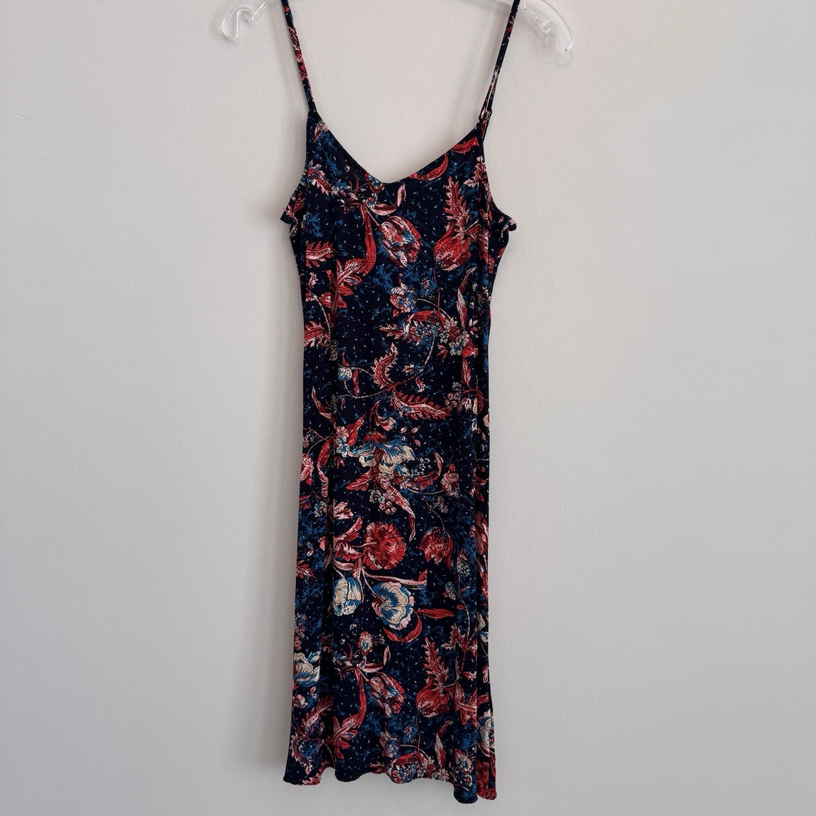 Express Floral Slip Dress Small Navy Red Boho Midi Spaghetti Strap Rayon Women’s