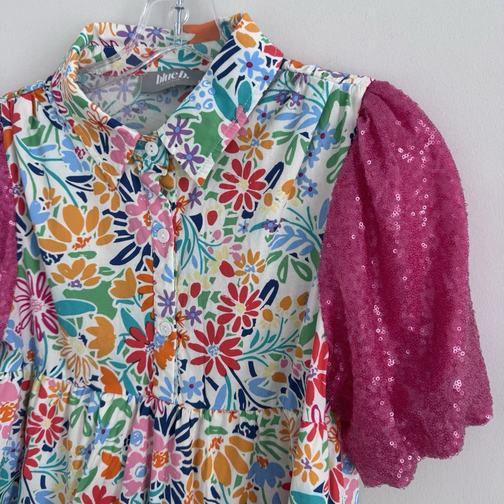 Blue B Collection Small Floral Tiered Dress Pink Sequin Sleeves 