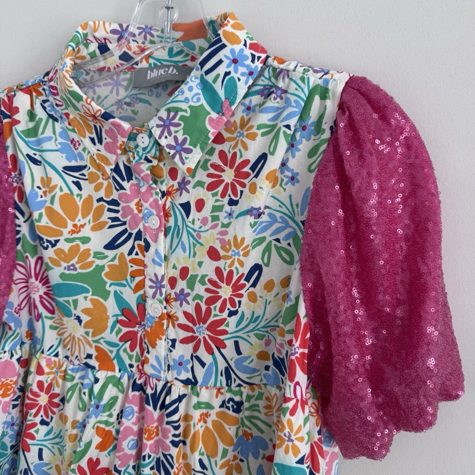 Blue B Collection Small Floral Tiered Dress Pink Sequin Sleeves 