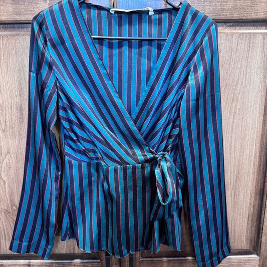 Zara wrap top in red, green, and black stripes. Medium NWT