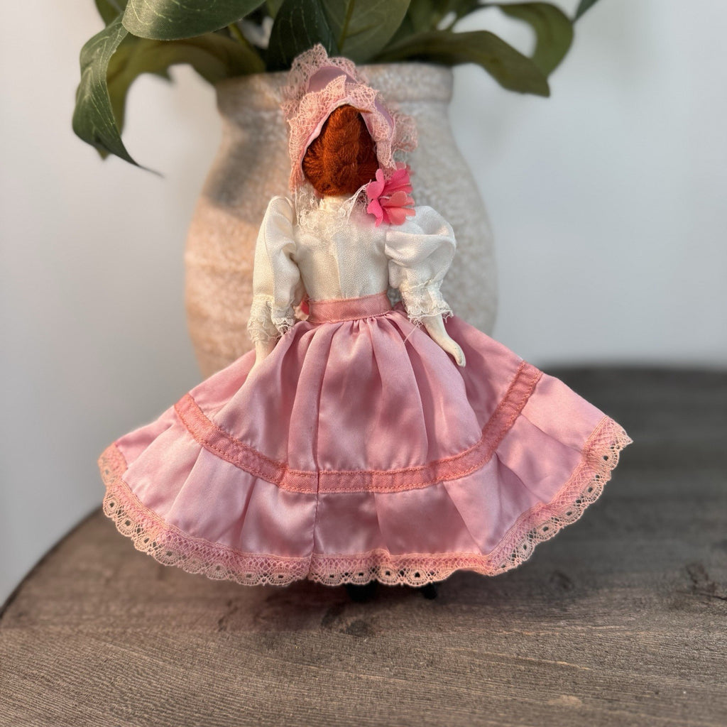 Vintage Bisque Porcelain Doll 8" Southern Belle Pink Satin Lace Dress Bonnet