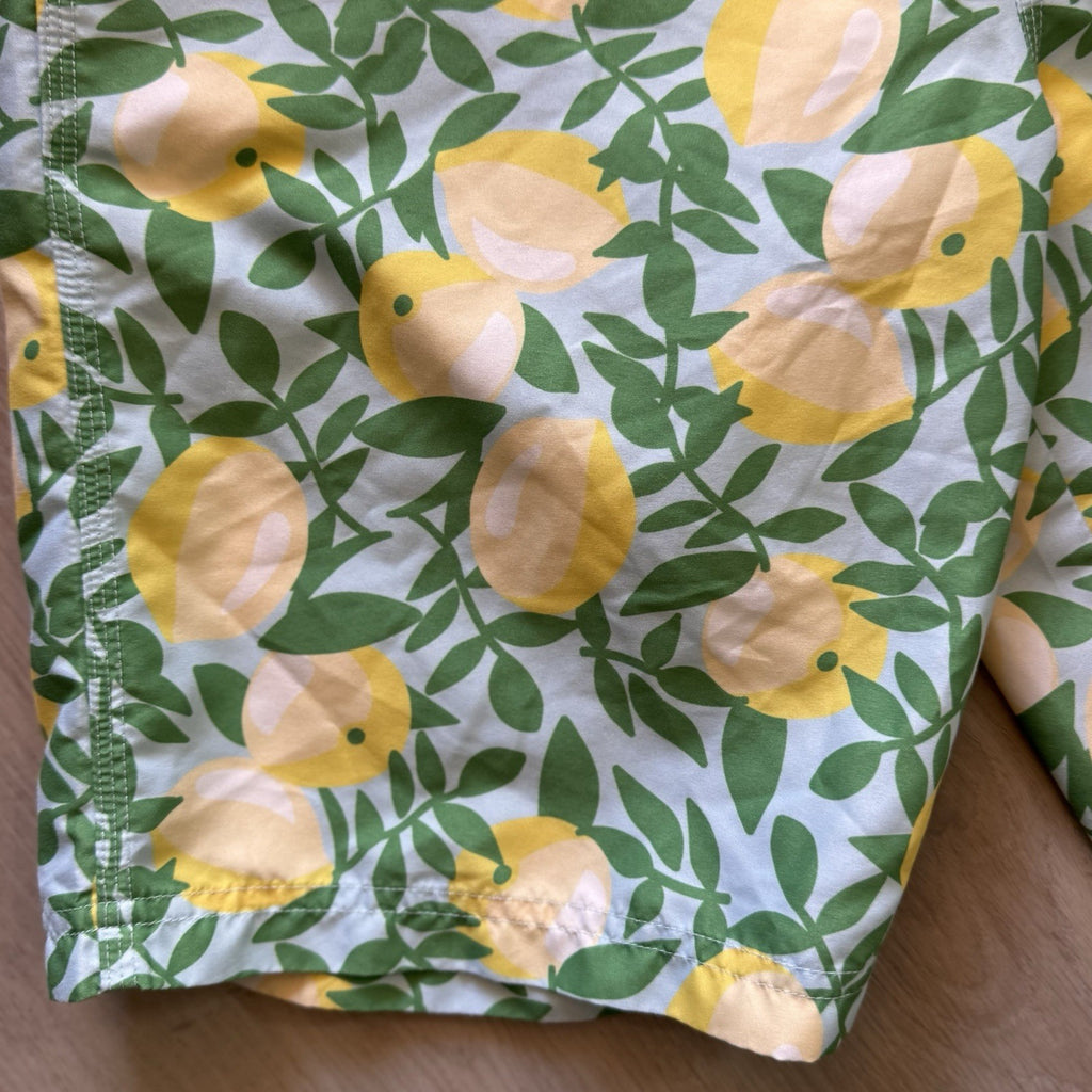 Matilda Jane Boys Size 14 Swim Trunks Board Shorts Lemon Print Blue Yellow Mesh
