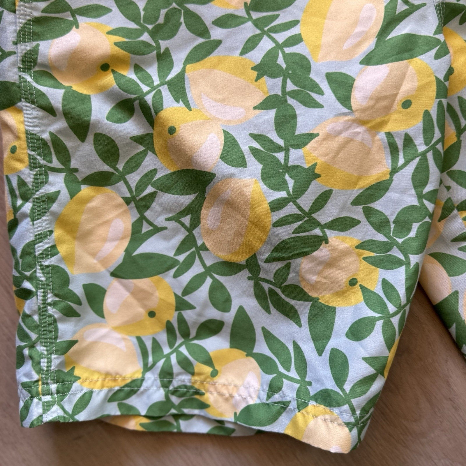 Matilda Jane Boys Size 14 Swim Trunks Board Shorts Lemon Print Blue Yellow Mesh
