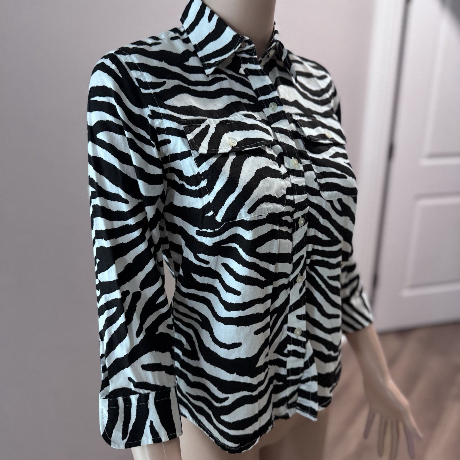 Lauren Ralph Lauren Petite Zebra Print Button Down Shirt Black White P/P