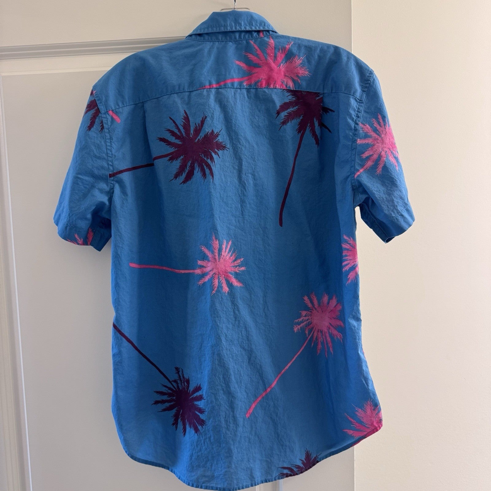Bonobos Slim Fit Short Sleeve Shirt M Blue Pink Palm Tree Print 100% Cotton
