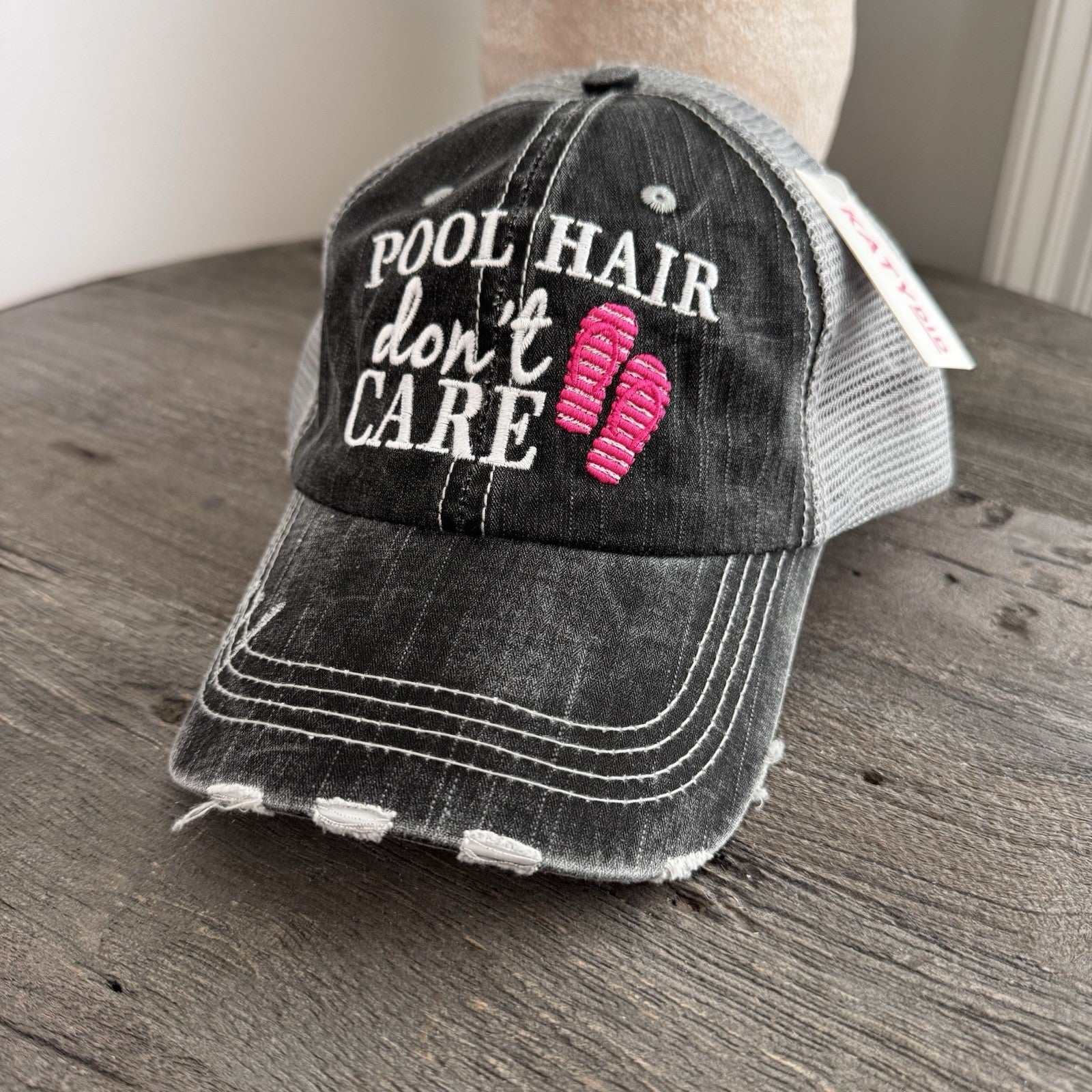 Pool Hair Don’t Care Hat Distressed Trucker Cap KatyDid NWT Boutique