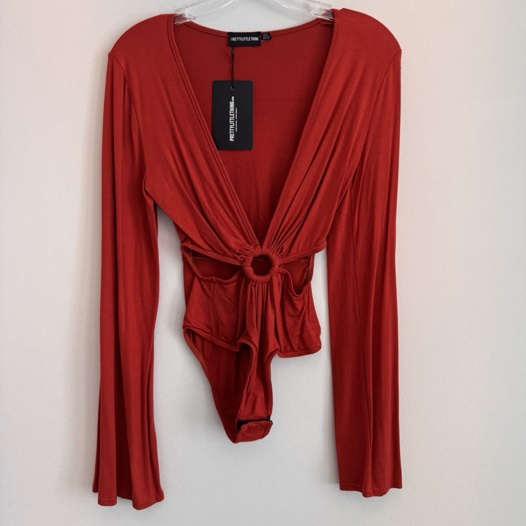 PrettyLittleThing Burnt Orange O-Ring Bodysuit Flare Sleeve Cutout Size 4 NWT 