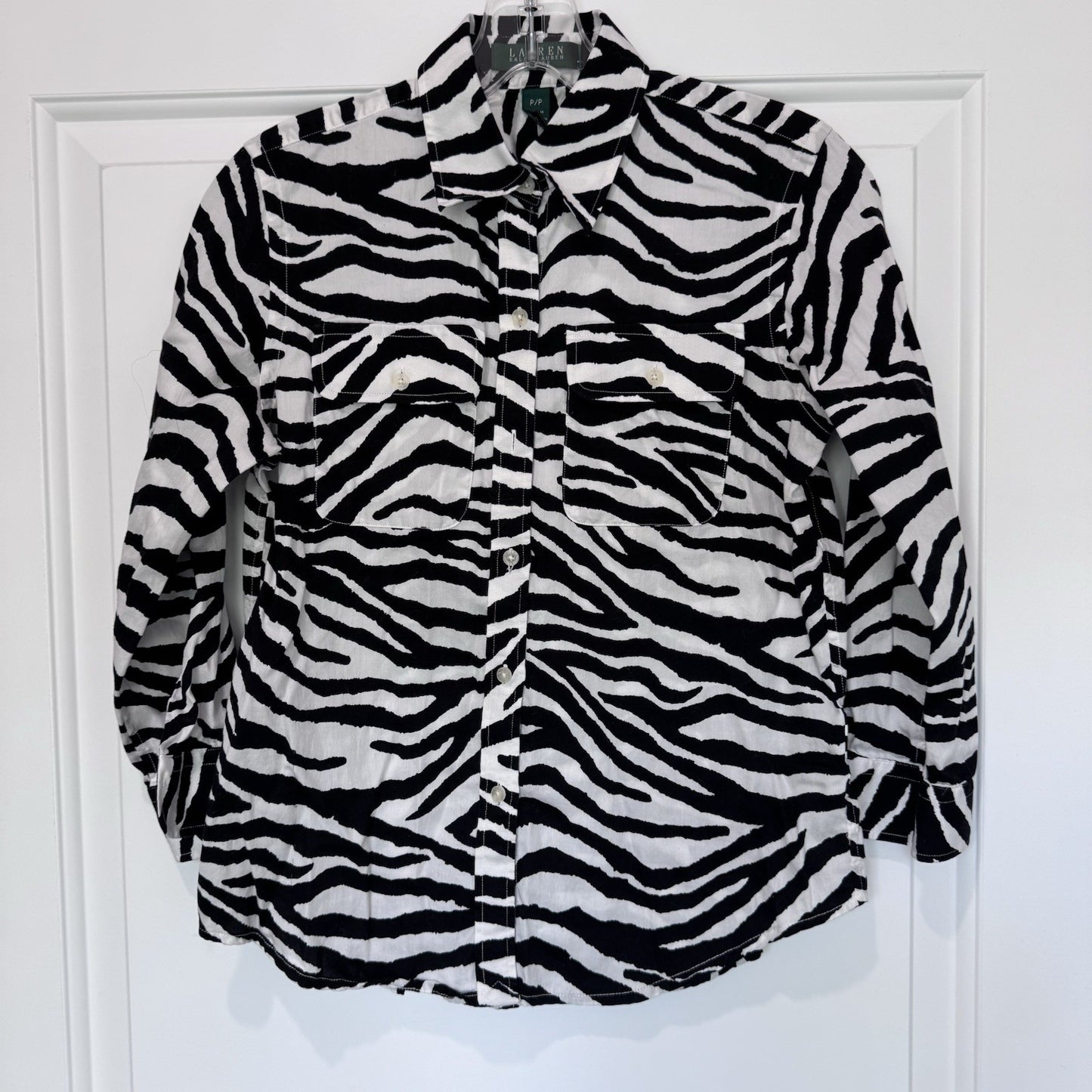 Lauren Ralph Lauren Petite Zebra Print Button Down Shirt Black White P/P