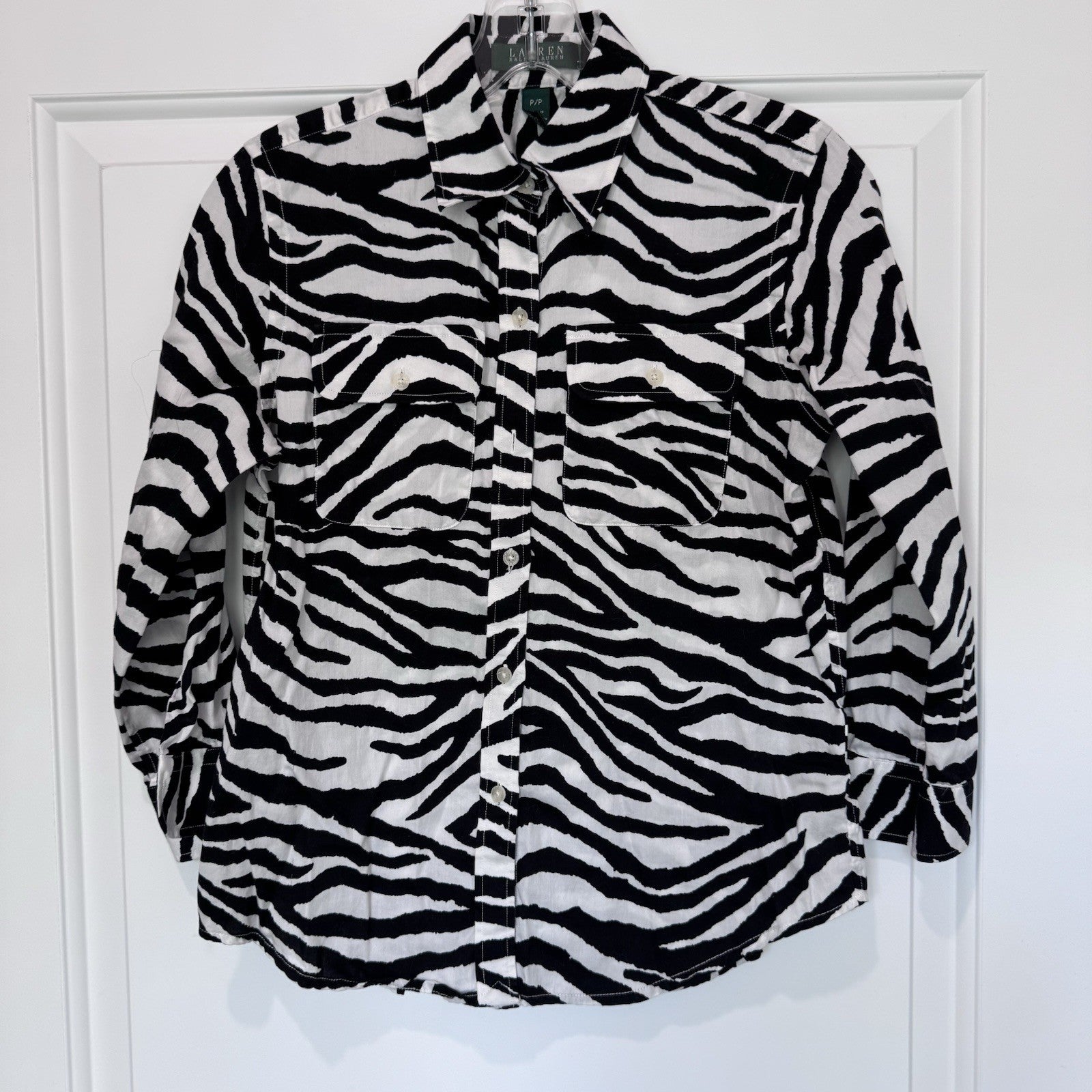 Lauren Ralph Lauren Petite Zebra Print Button Down Shirt Black White P/P