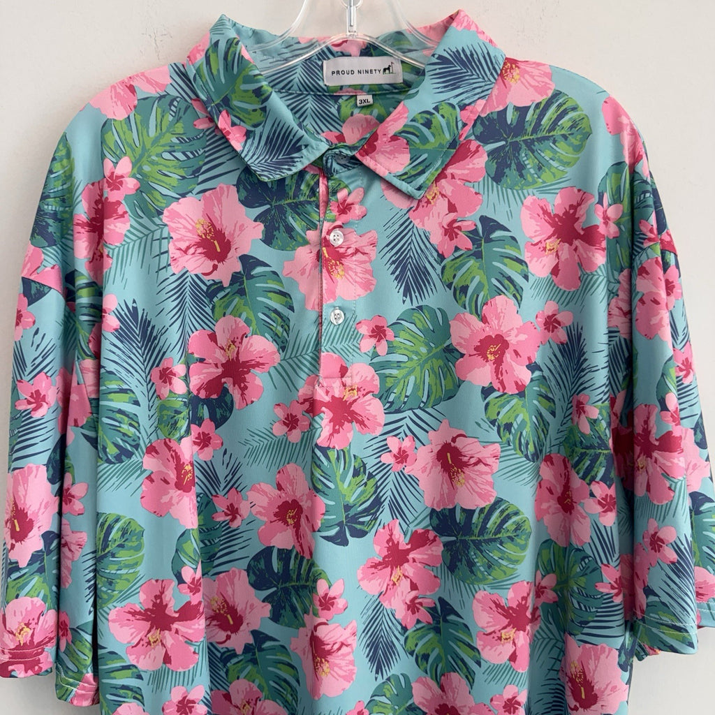 Proud Ninety Floral Golf Polo Shirt Men's Size 3XL Tropical Hibiscus Teal