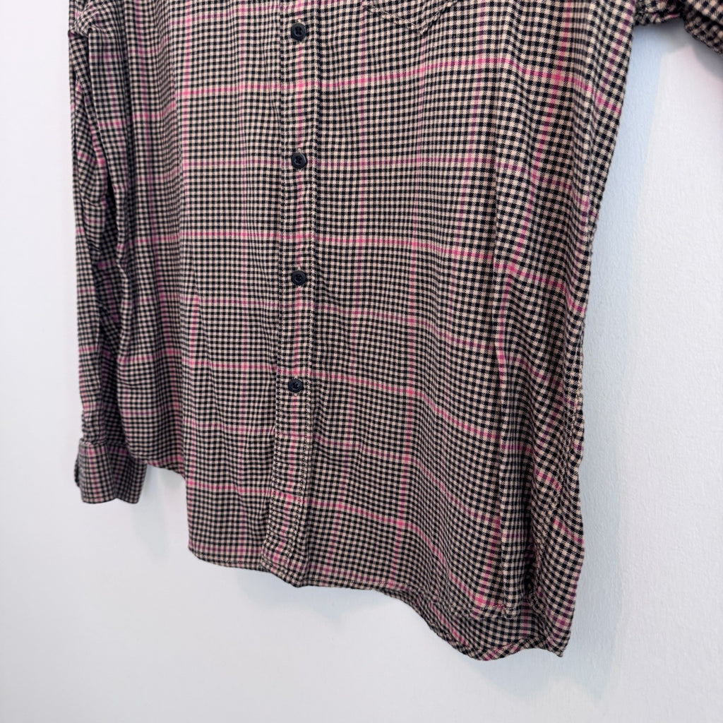 American Eagle XL Plaid Button Up Shirt Pink Tan Black Flannel Y2K