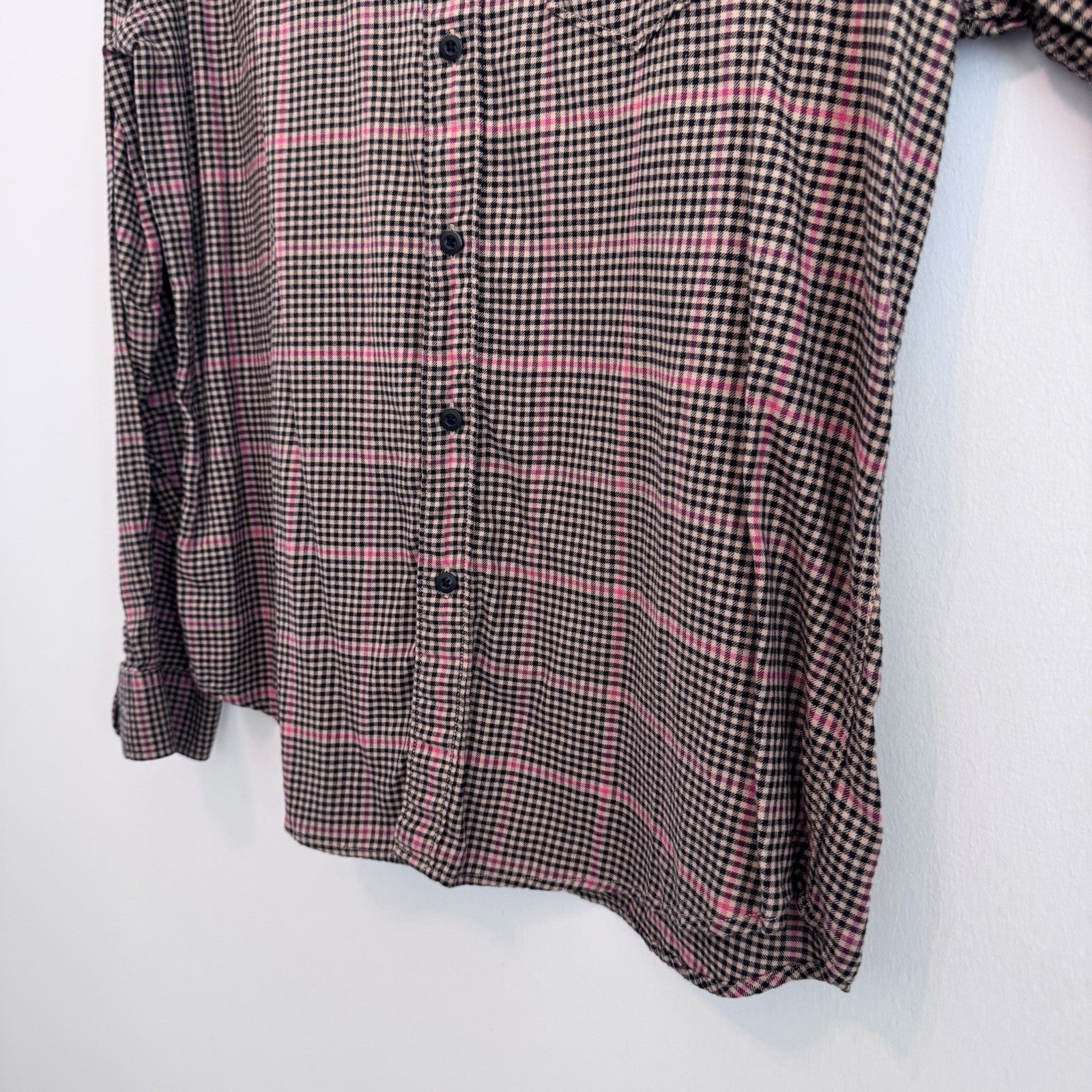 American Eagle XL Plaid Button Up Shirt Pink Tan Black Flannel Y2K
