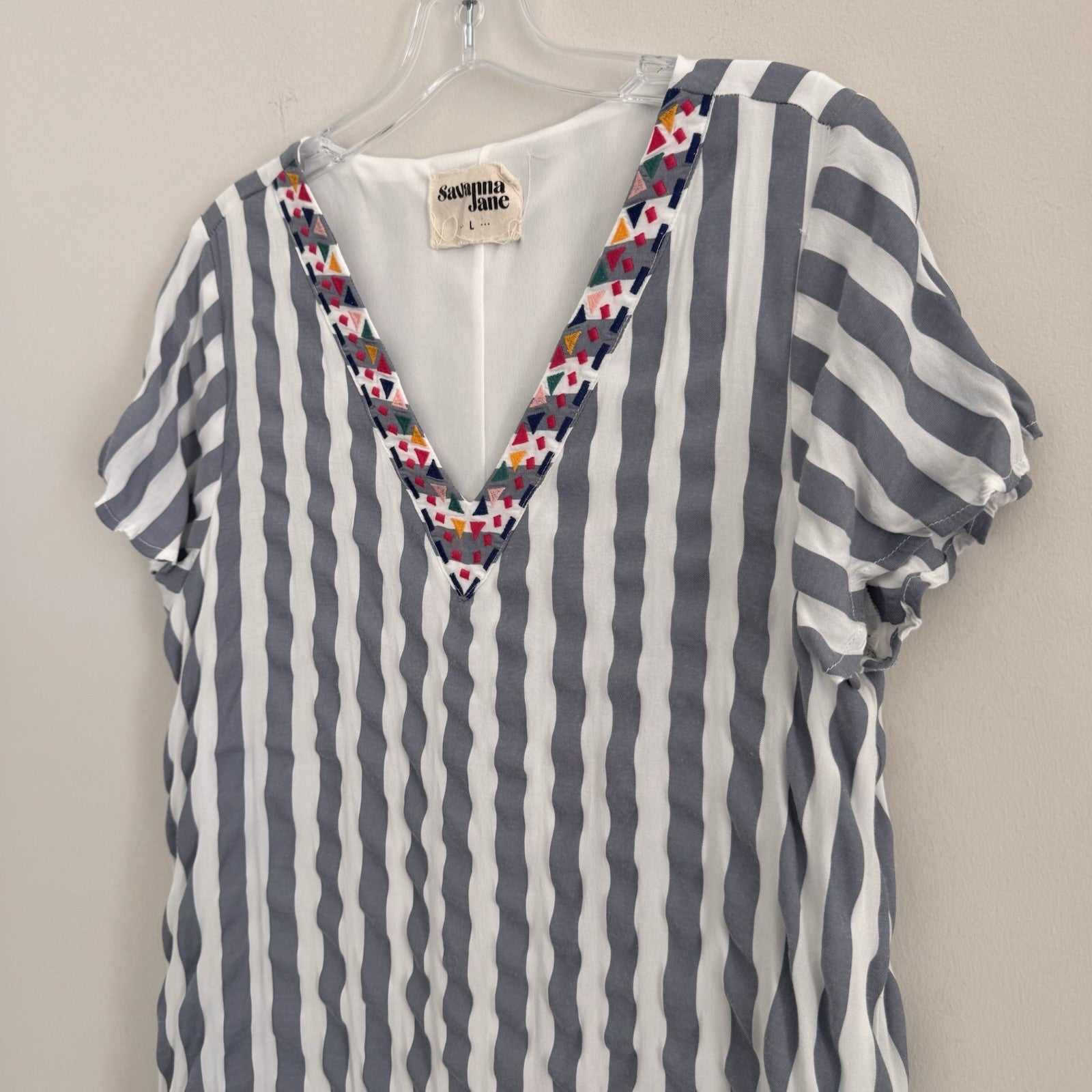 Savanna Jane Striped Embroidered Dress Women's Size L V-Neck Boho Blue White