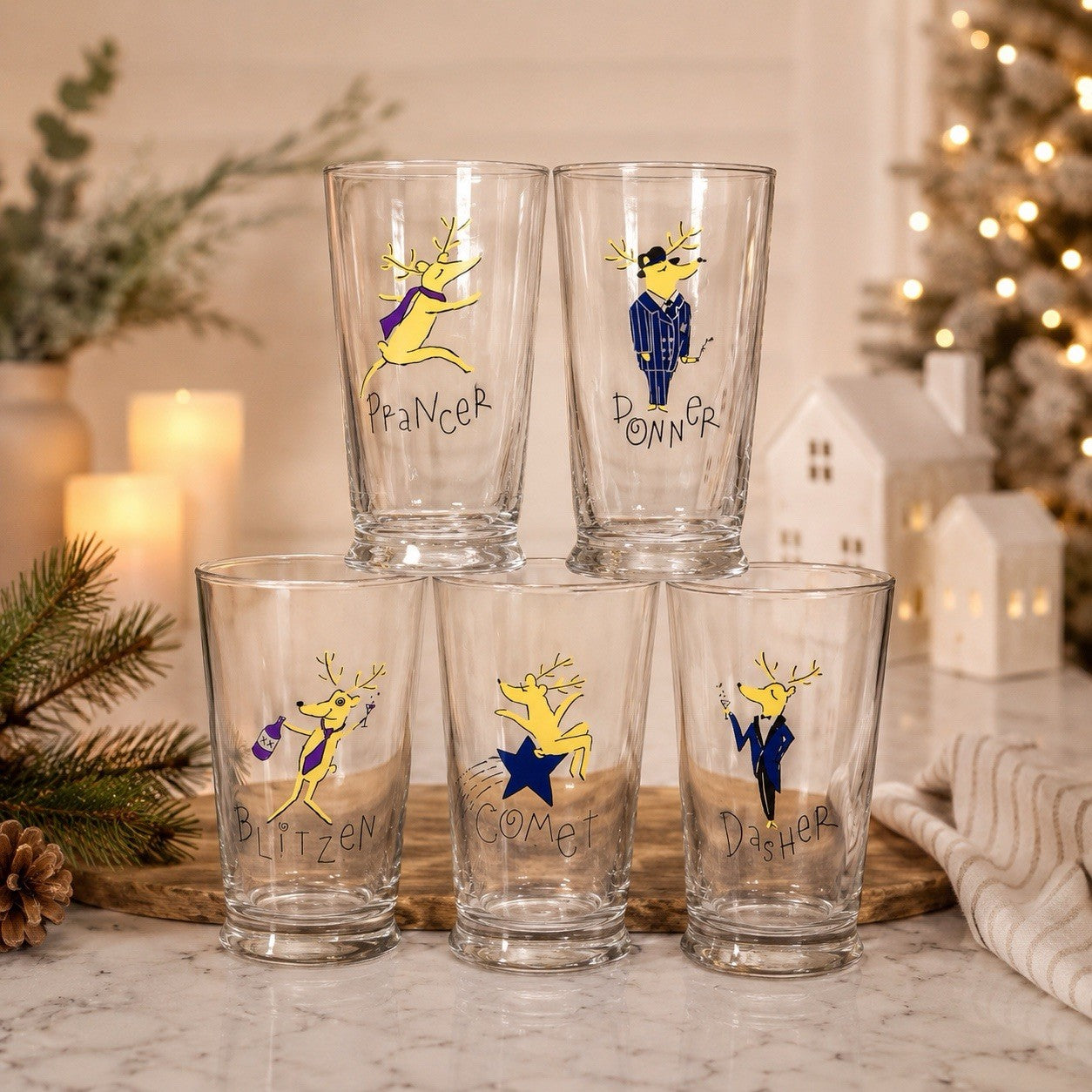 Pottery Barn Reindeer Glasses Set of 5 Footed 5.5" Tumblers Christmas vintage